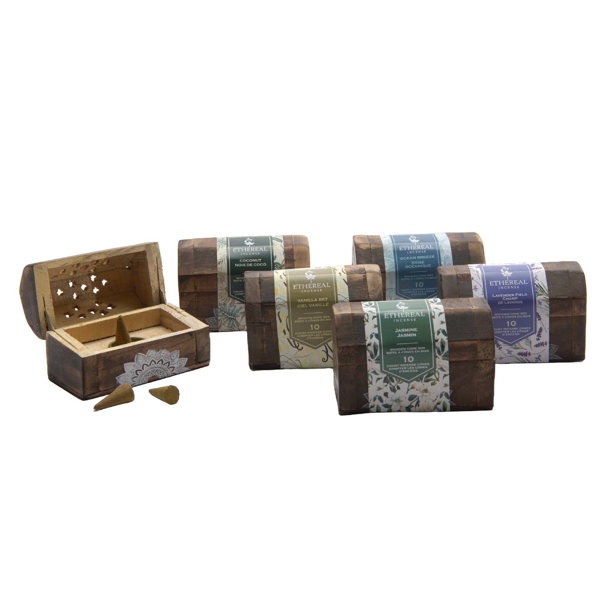 Assorted Ethereal Incense Cones in Mango Wood Box, 10-Pack - Set of 6