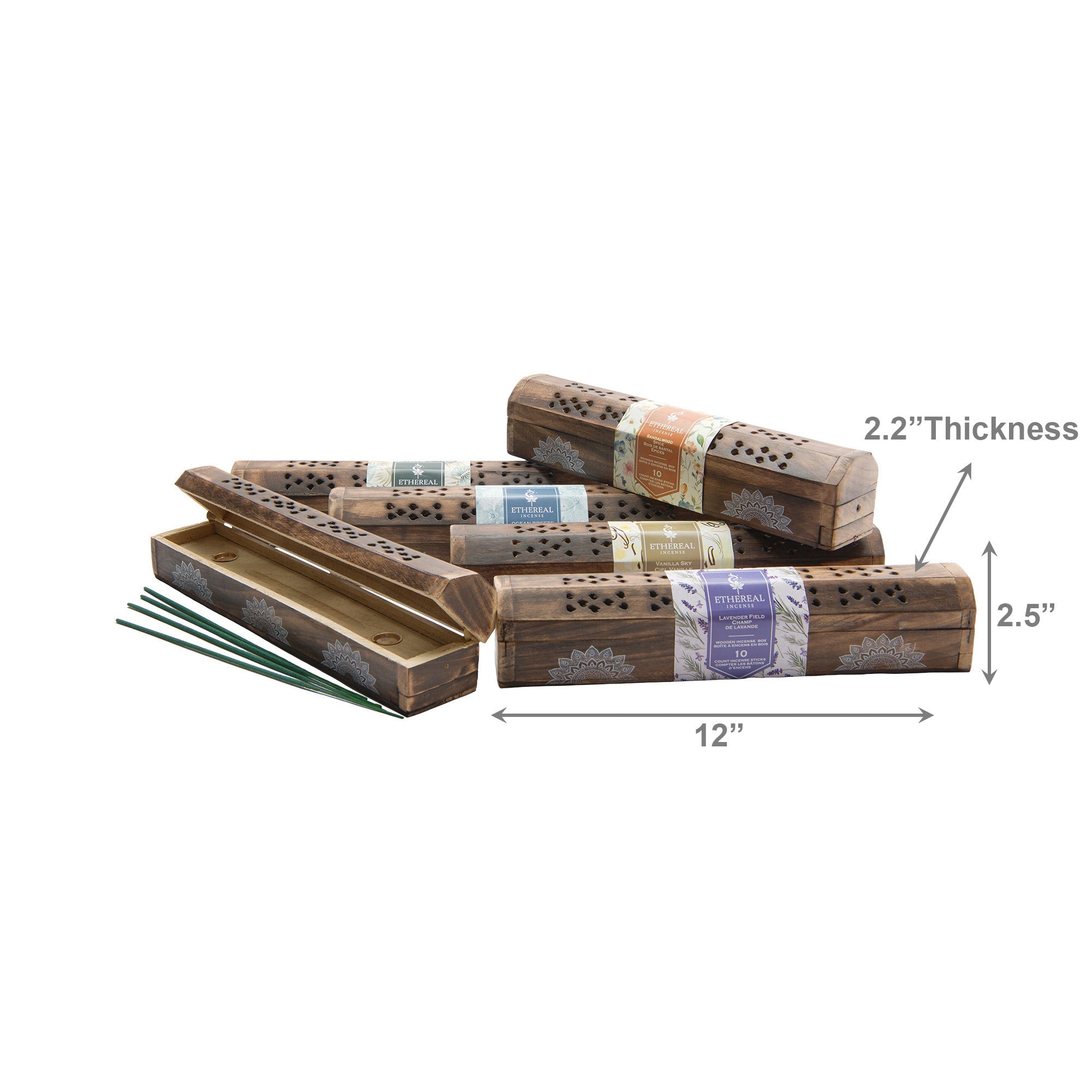 Assorted Ethereal Incense Sticks in Mango Wood Box, 10-Pack - Set of 6