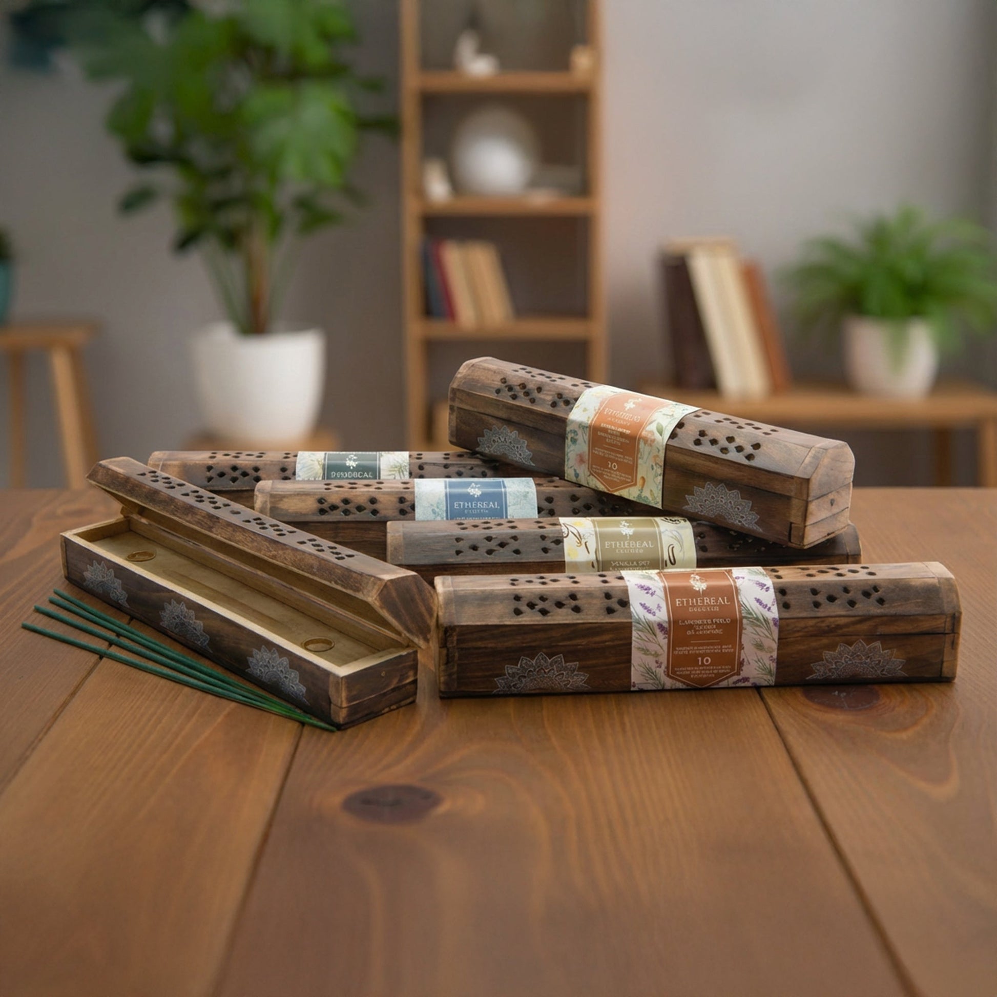 Assorted Ethereal Incense Sticks in Mango Wood Box, 10-Pack - Set of 6