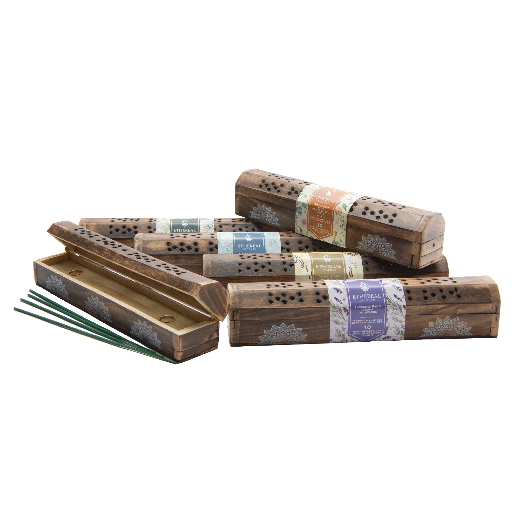 Assorted Ethereal Incense Sticks in Mango Wood Box, 10-Pack - Set of 6