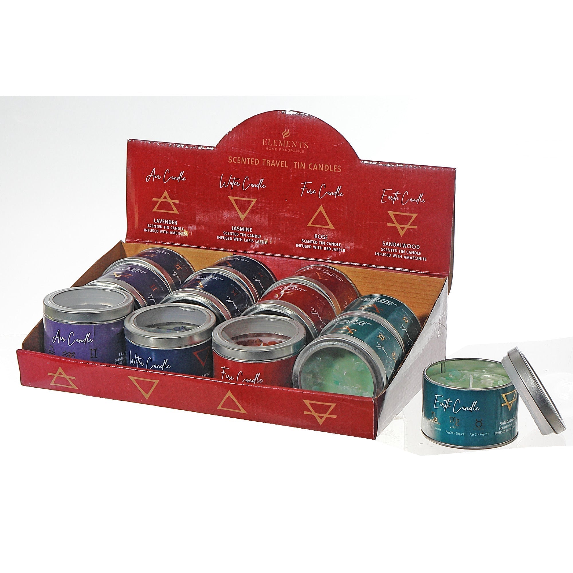 Element Candle In Tin Container 12 Display Assorted Set Of 12, Candle In Tin Container Set Of 12, Compact Scented Candles