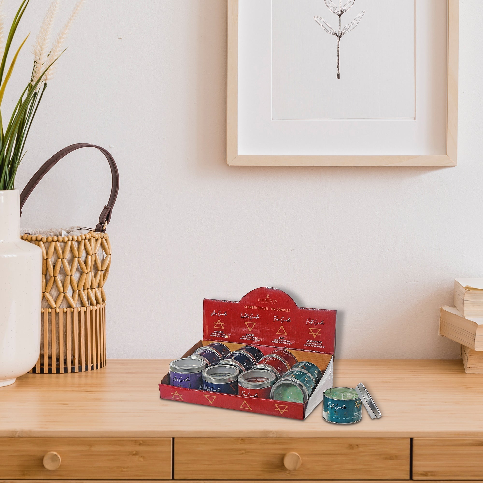 Element Candle In Tin Container 12 Display Assorted Set Of 12, Candle In Tin Container Set Of 12, Compact Scented Candles