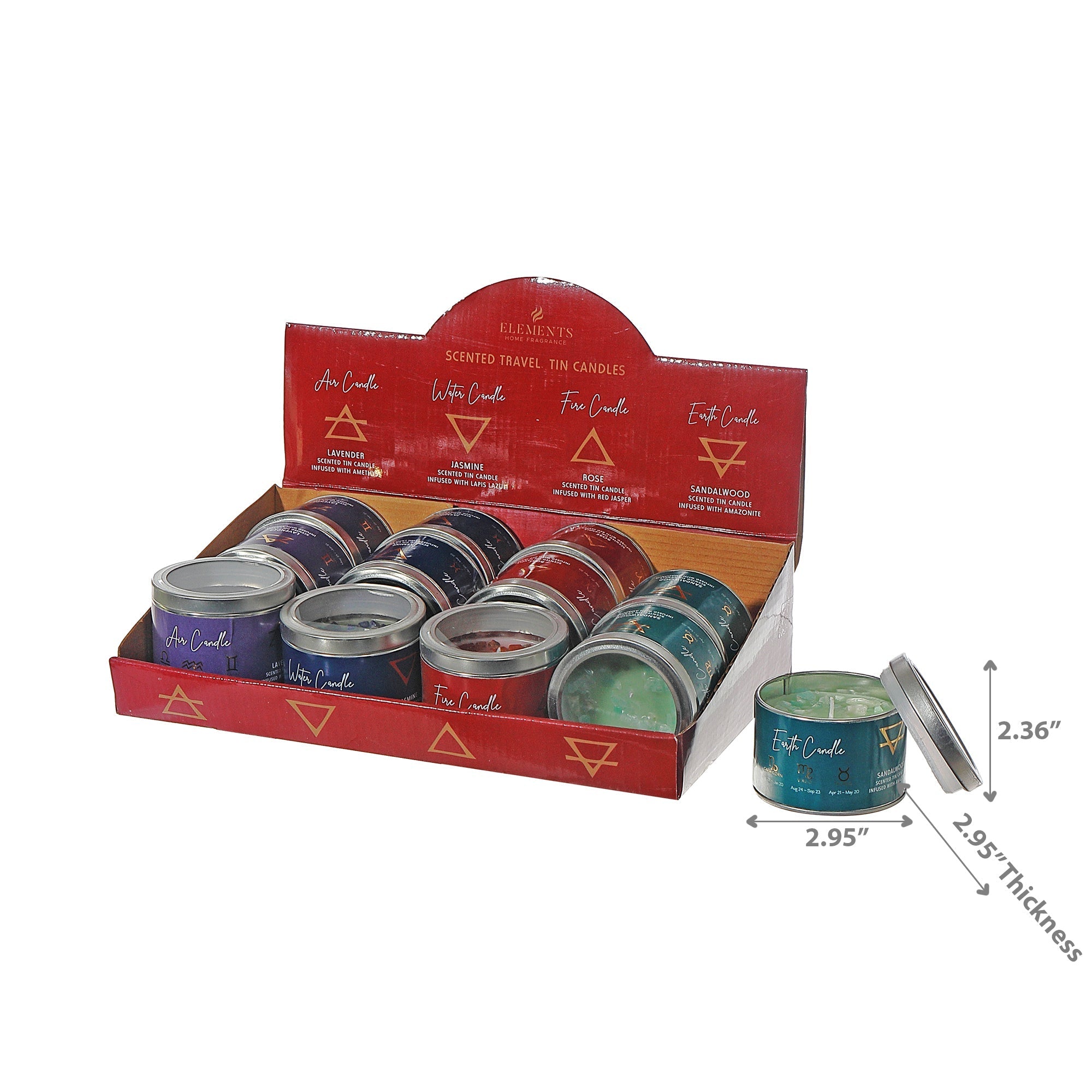 Element Candle In Tin Container 12 Display Assorted Set Of 12, Candle In Tin Container Set Of 12, Compact Scented Candles