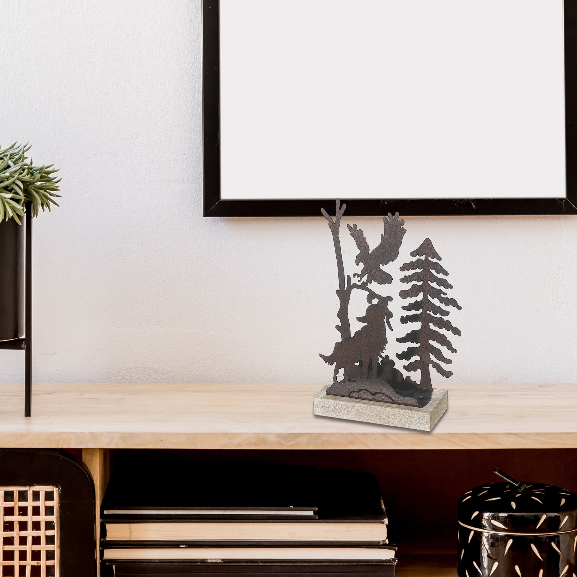 Metal And Wood Table Décor Wolf Large, Large Wolf Figurine, Metal And Wood Tabletop Decor, Rustic Wildlife Accent