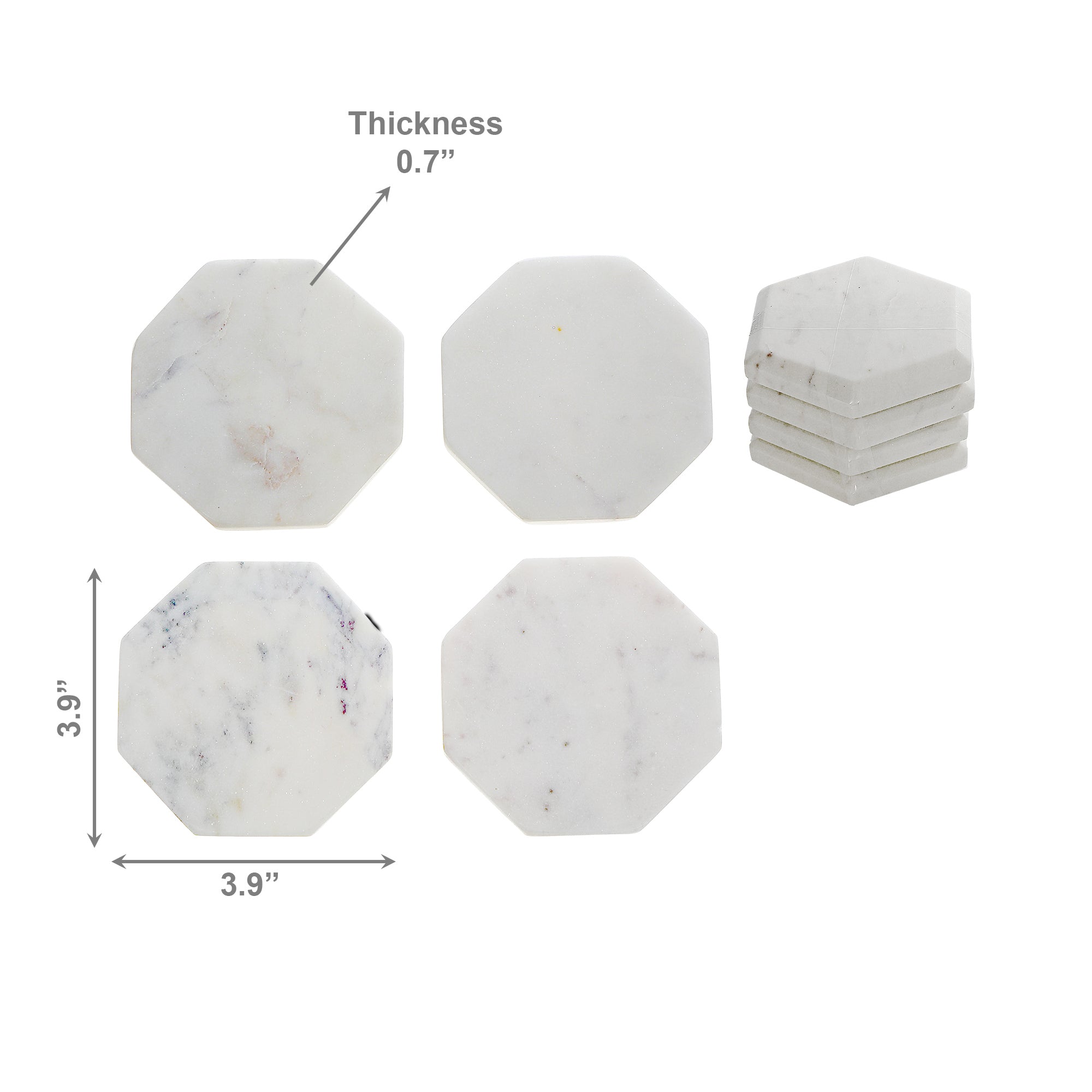 Set of 4 White Marble Octagon Coasters, 4"x4"