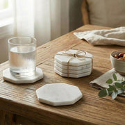 Set of 4 White Marble Octagon Coasters, 4"x4"