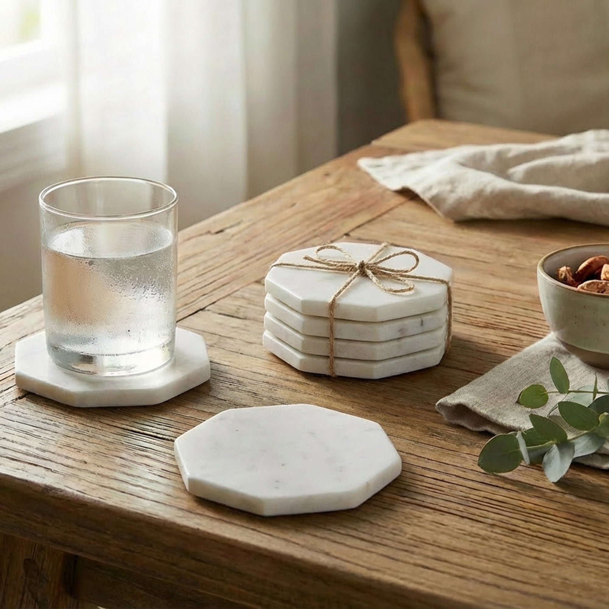 Set of 4 White Marble Octagon Coasters, 4"x4"