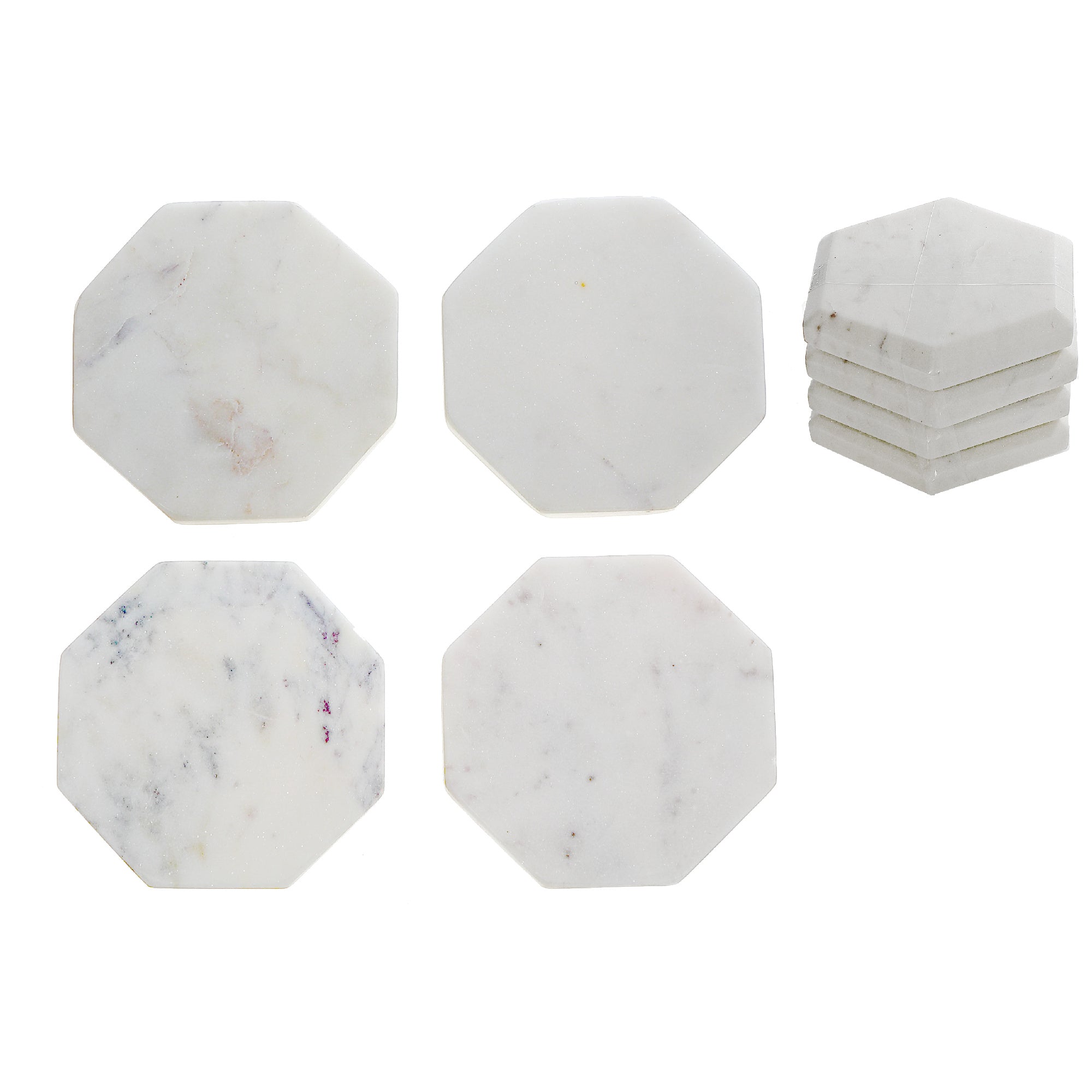 Set of 4 White Marble Octagon Coasters, 4"x4"