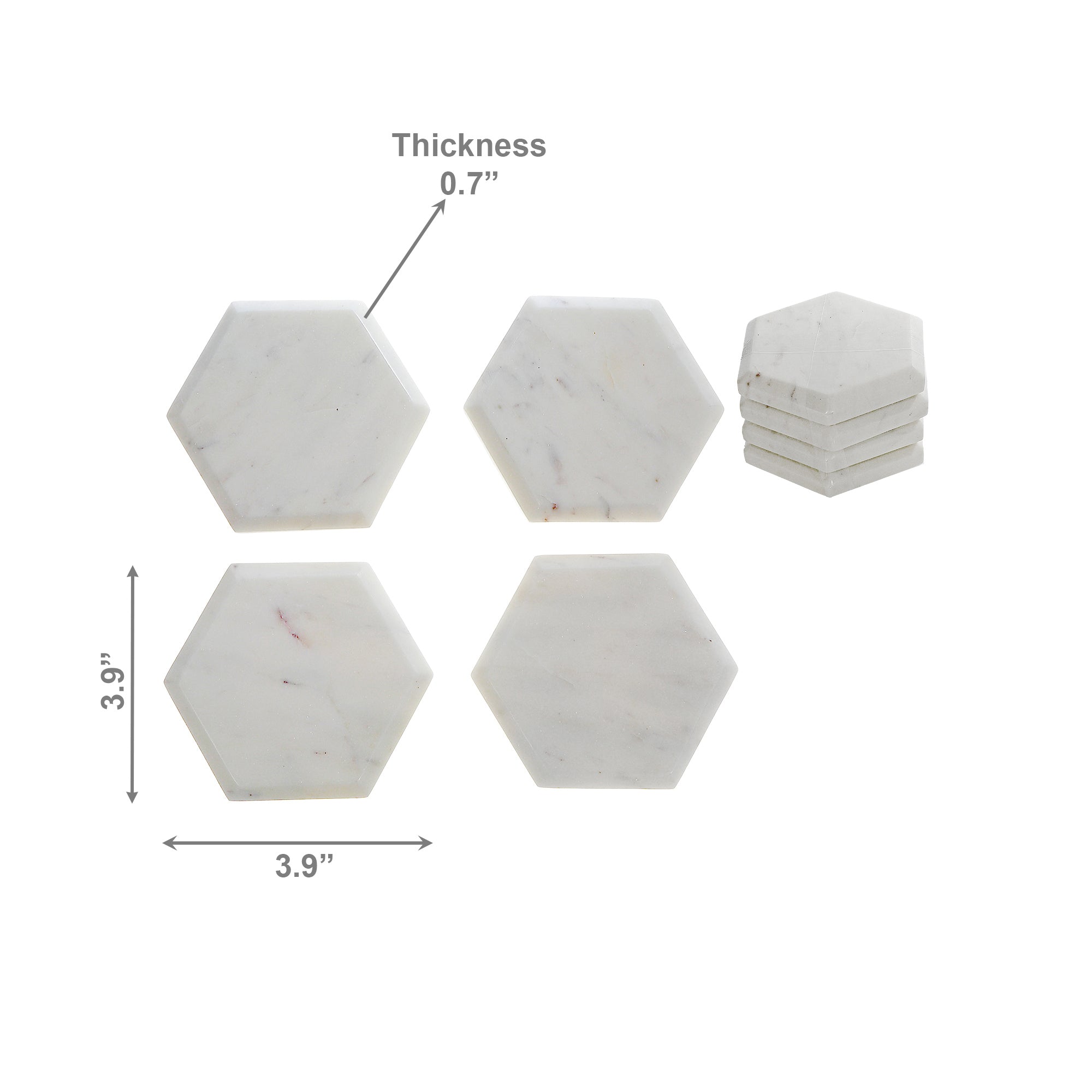 Set of 4 White Marble Hexagon Coasters, 4"x4"