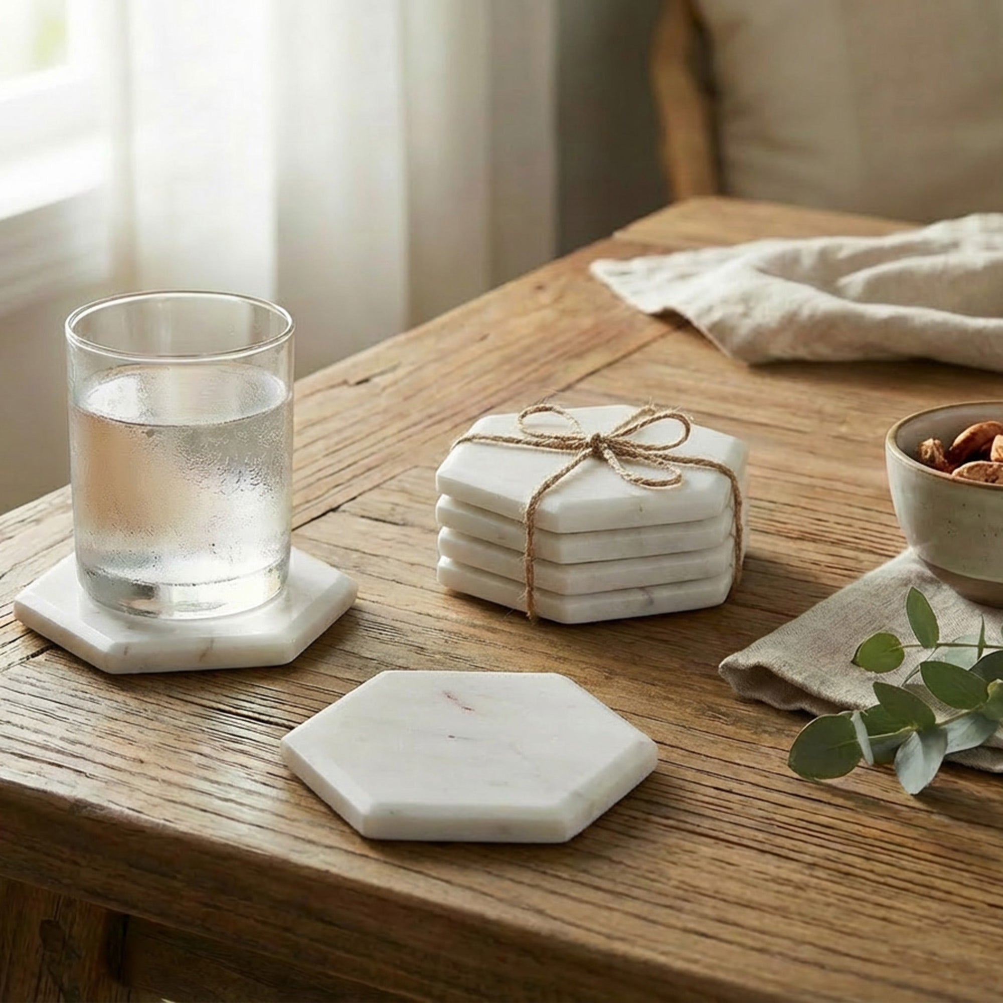 Set of 4 White Marble Hexagon Coasters, 4"x4"