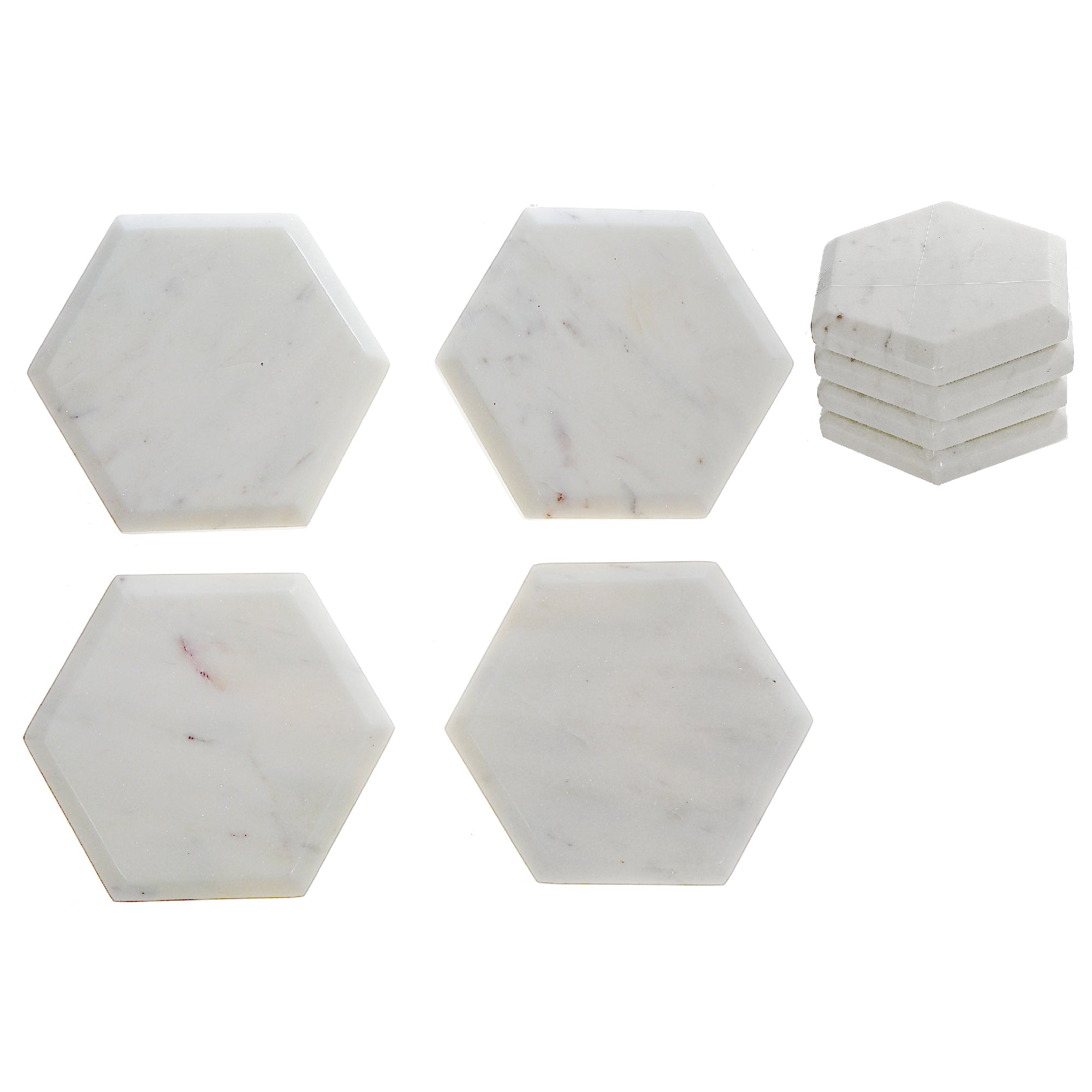 Set of 4 White Marble Hexagon Coasters, 4"x4"