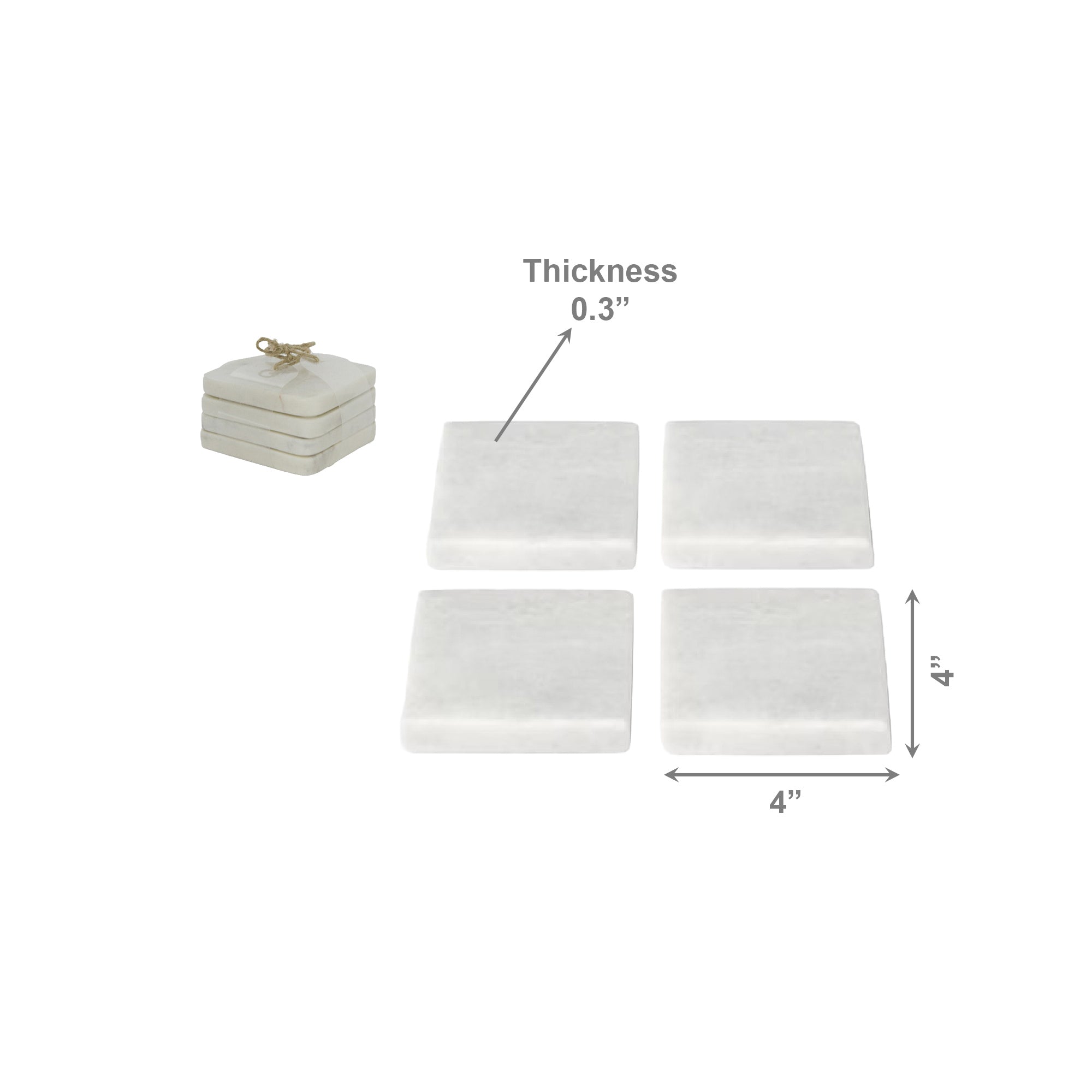 Set of 4 White Marble Square Coasters, 4"x4"
