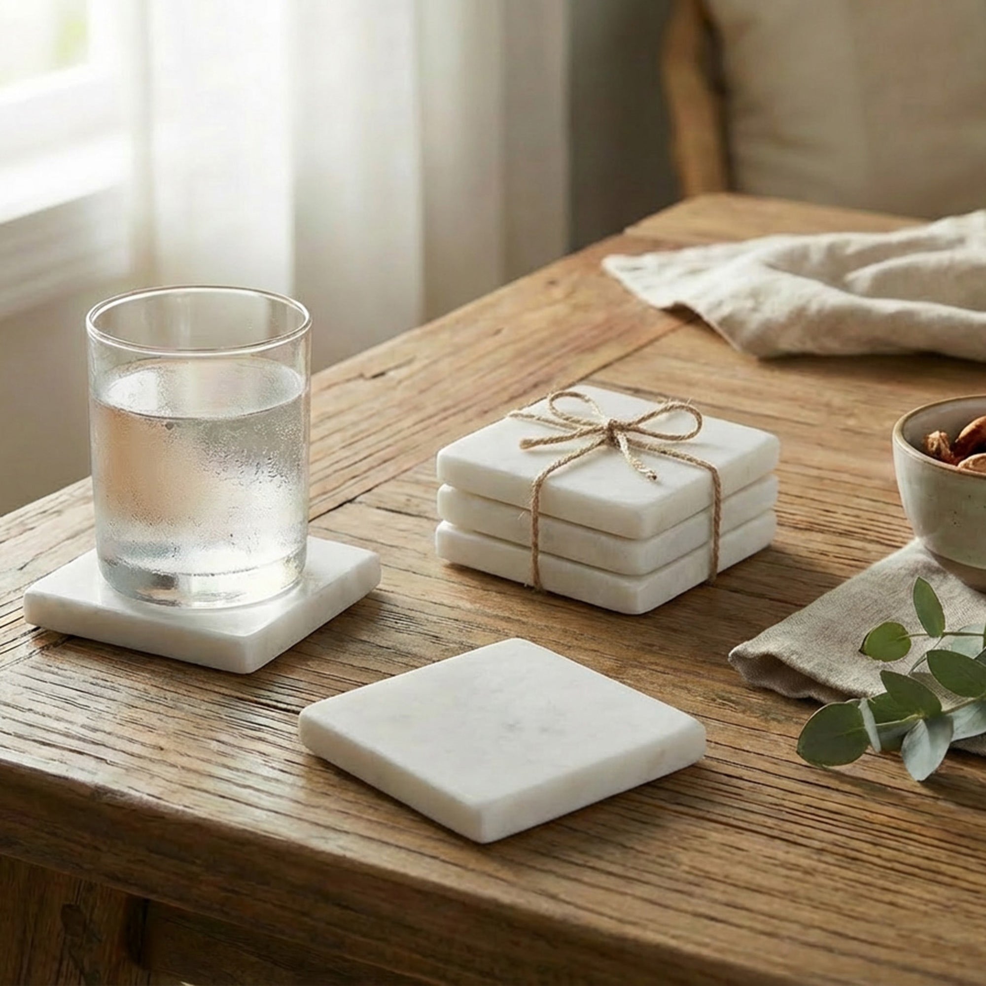 Set of 4 White Marble Square Coasters, 4"x4"