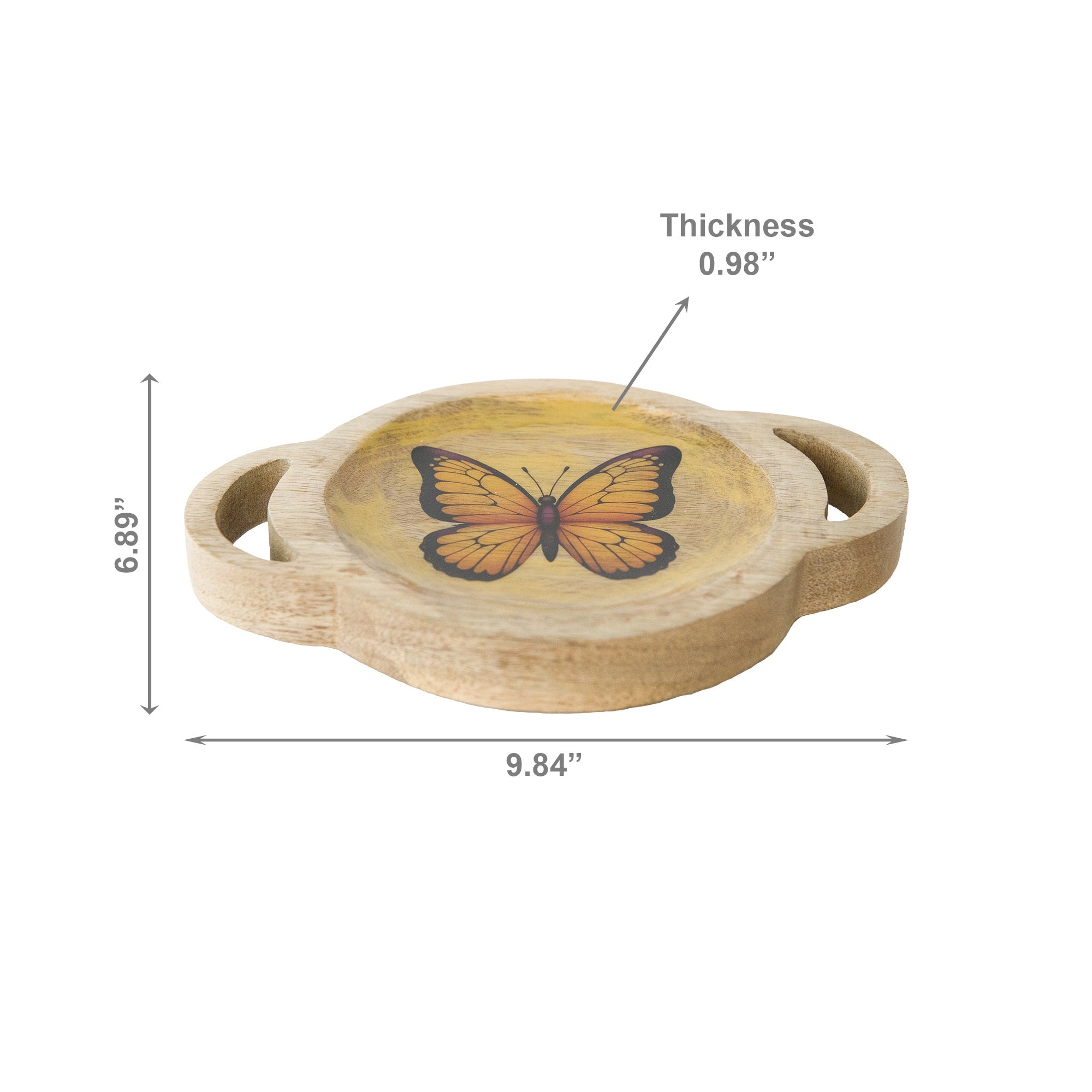 Mango Wood Enamel-Coated Round Tray with Butterfly Print