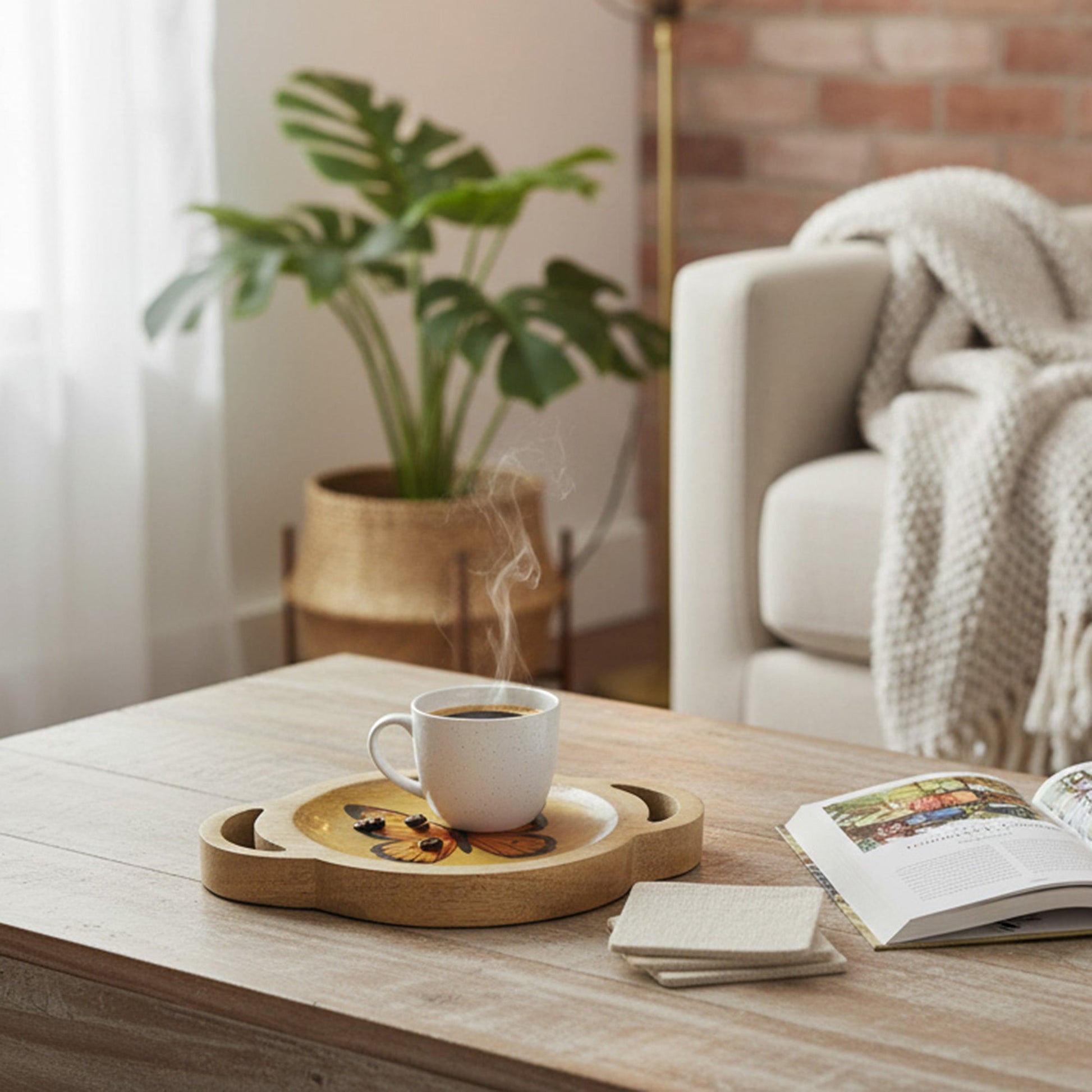 Mango Wood Enamel-Coated Round Tray with Butterfly Print