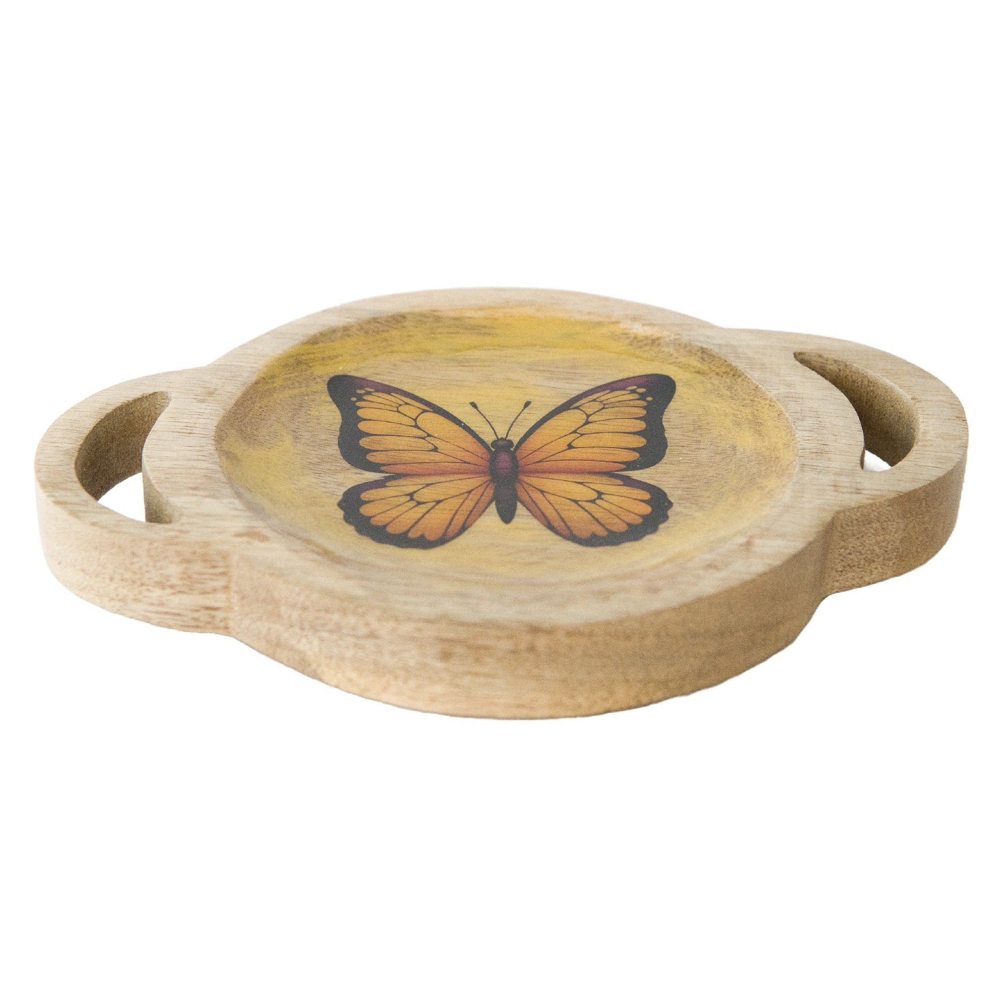 Mango Wood Enamel-Coated Round Tray with Butterfly Print