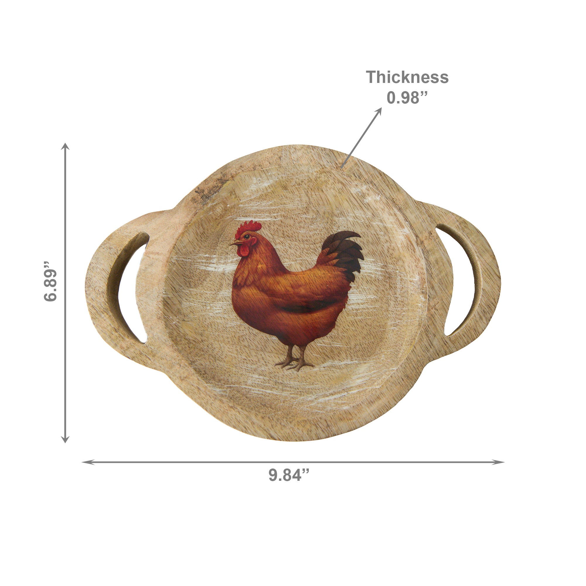 Mango Wood Enamel-Coated Round Tray with Rooster Print