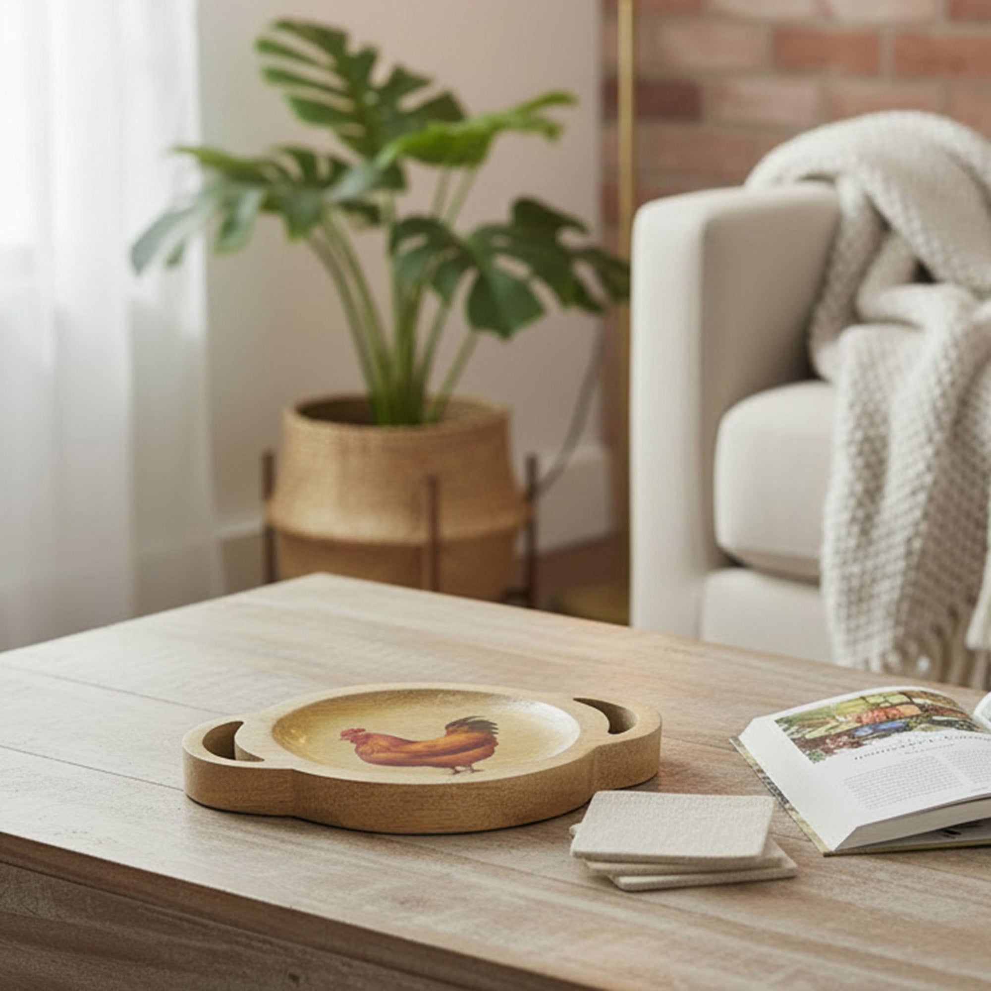 Mango Wood Enamel-Coated Round Tray with Rooster Print
