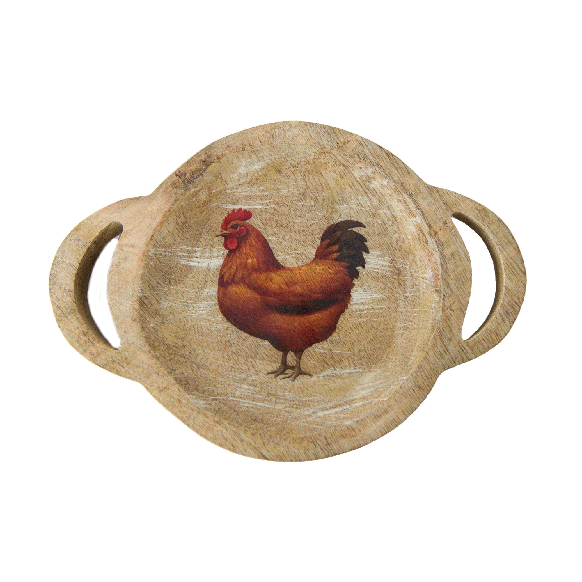 Mango Wood Enamel-Coated Round Tray with Rooster Print