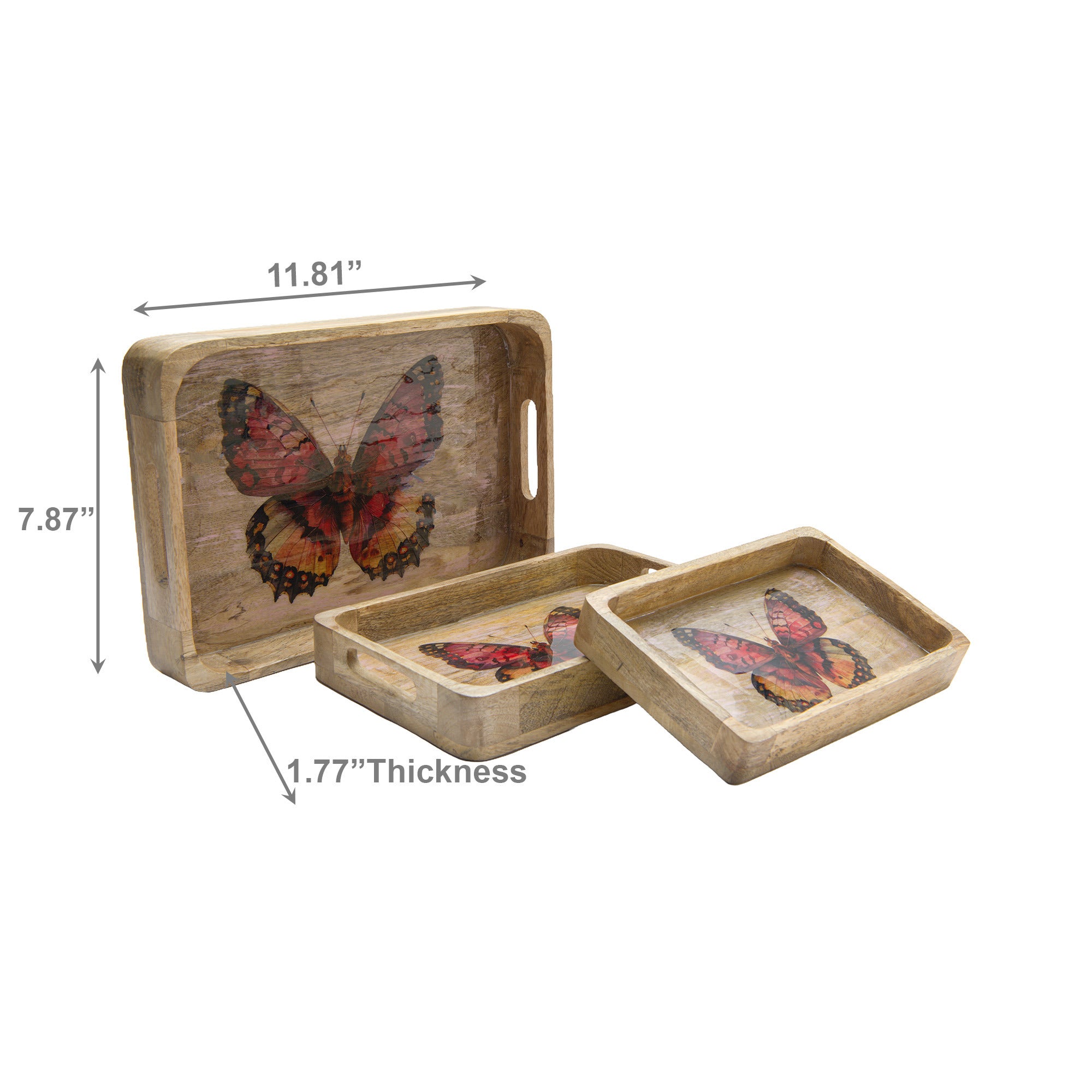 Assorted 3-Piece Mango Wood Enamel-Coated Rectangular Trays with Butterfly Designs
