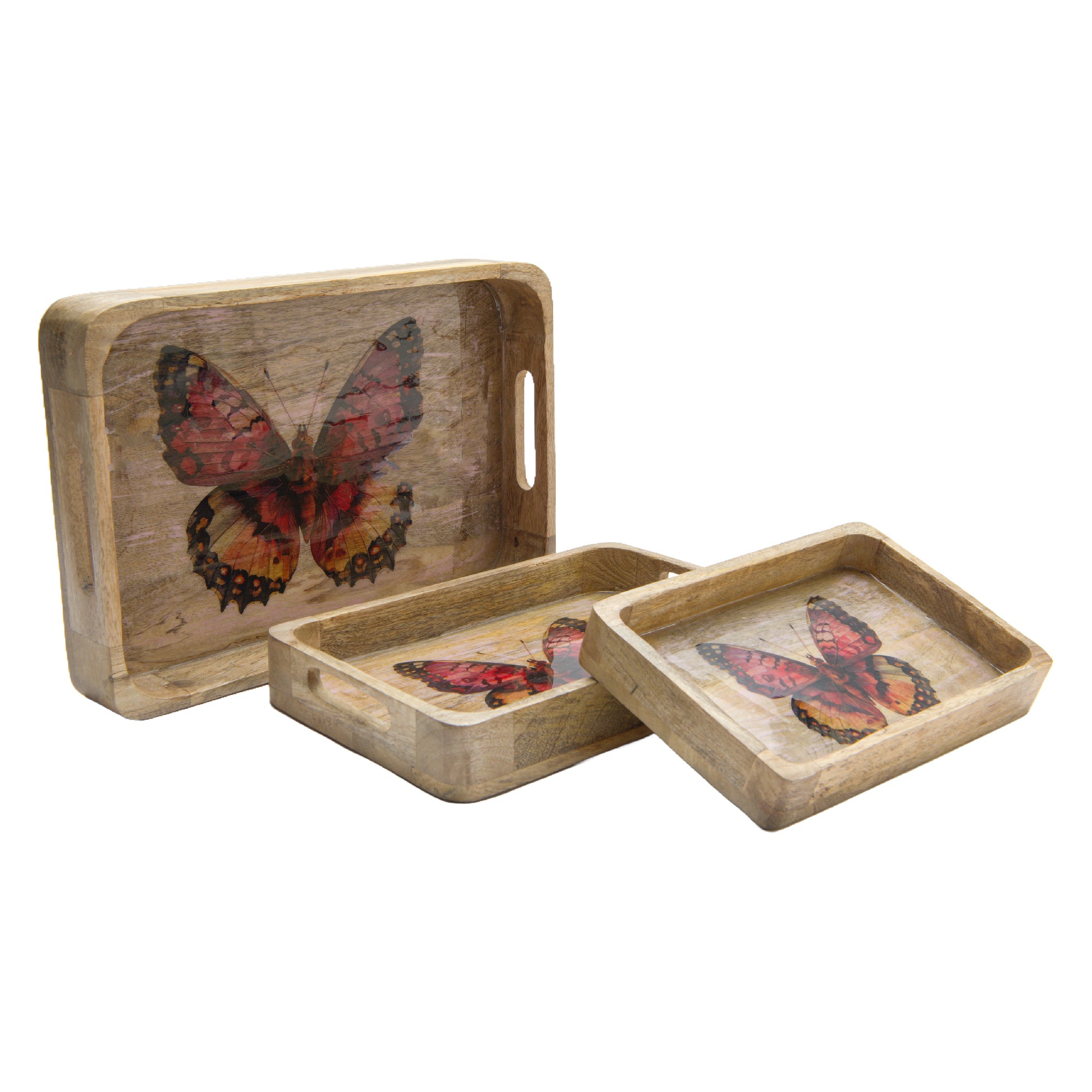 Assorted 3-Piece Mango Wood Enamel-Coated Rectangular Trays with Butterfly Designs