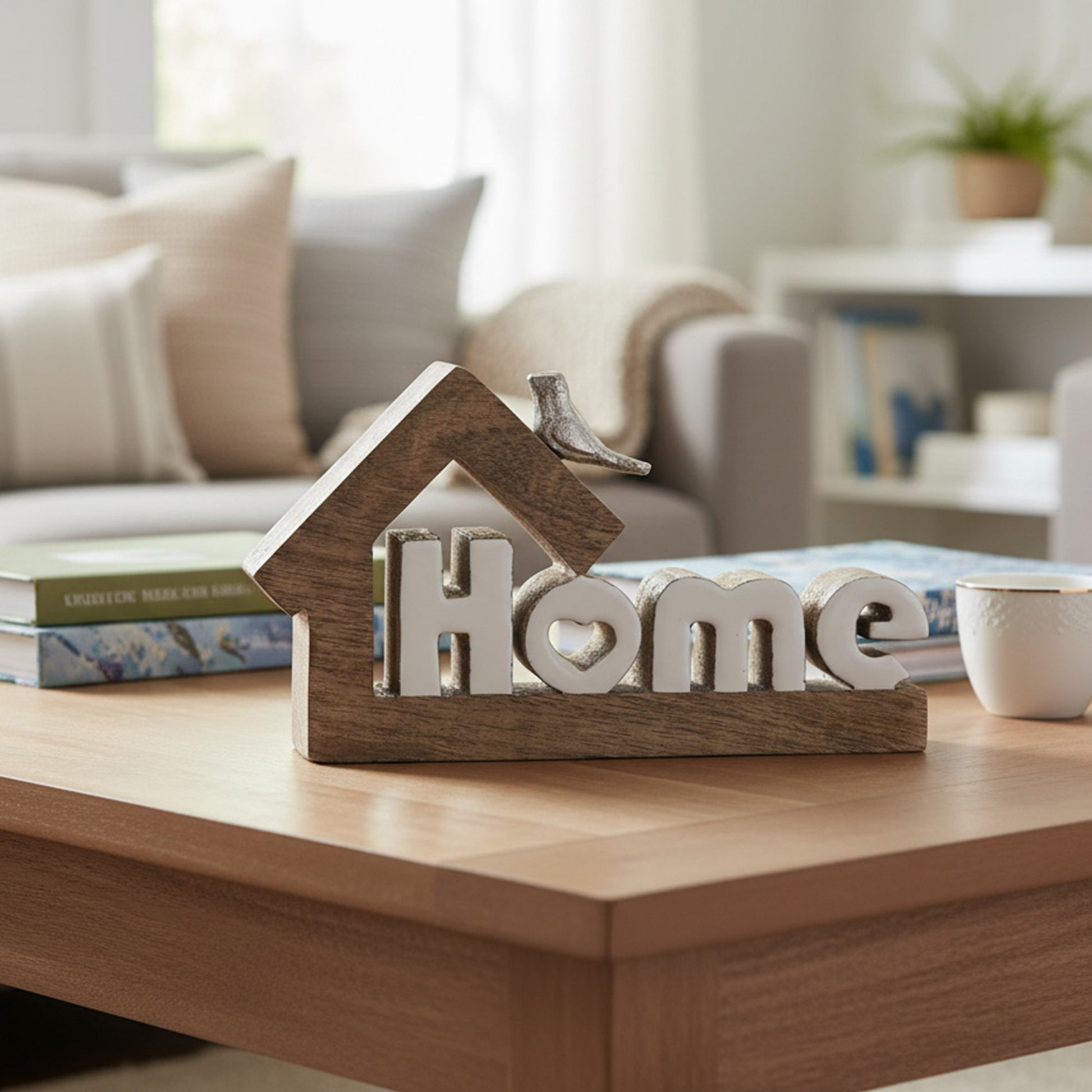 Mango Wood Decor with Metal Bird Accent and Enamel “Home” Sign - Set of 2