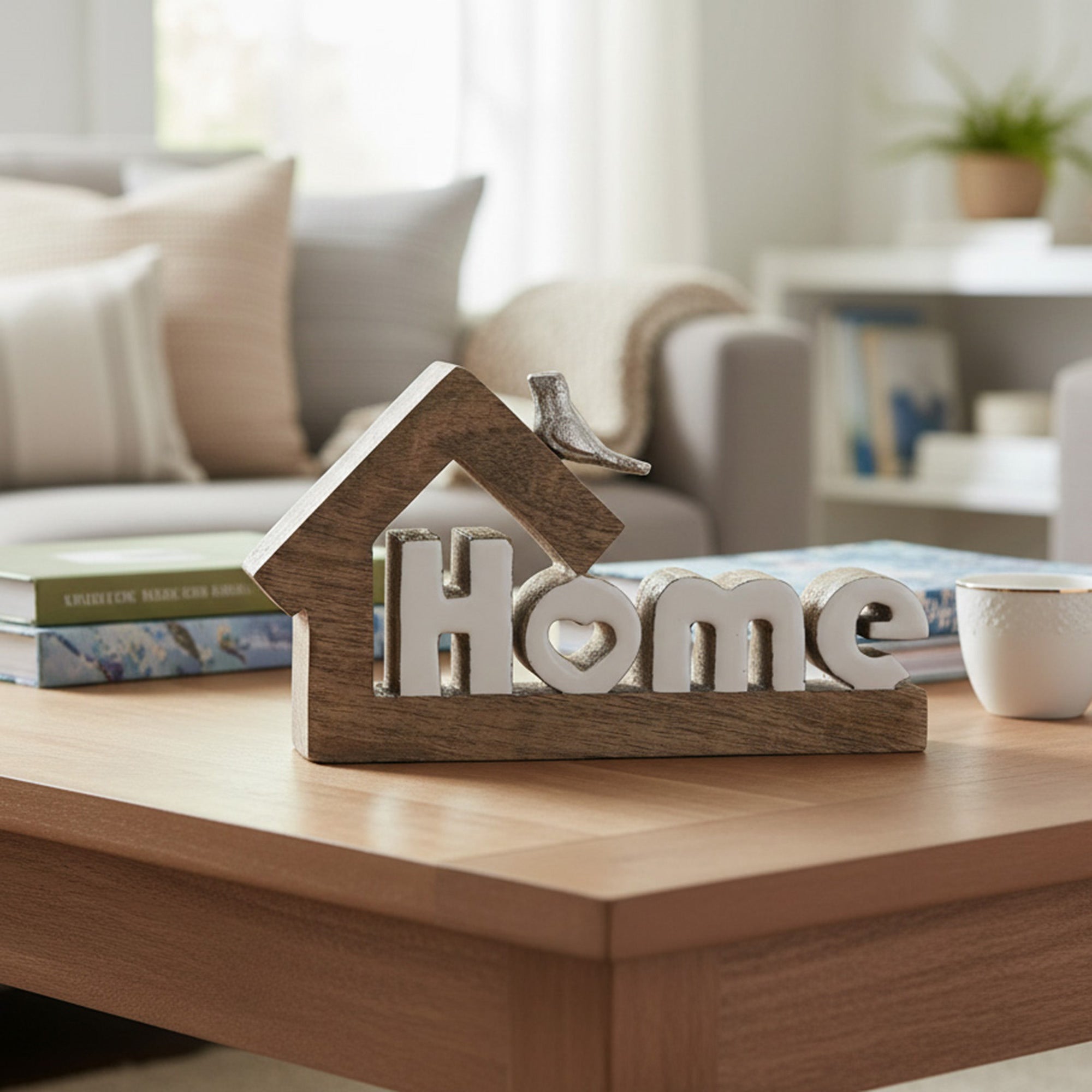 Mango Wood Decor with Metal Bird Accent and Enamel “Home” Sign - Set of 2