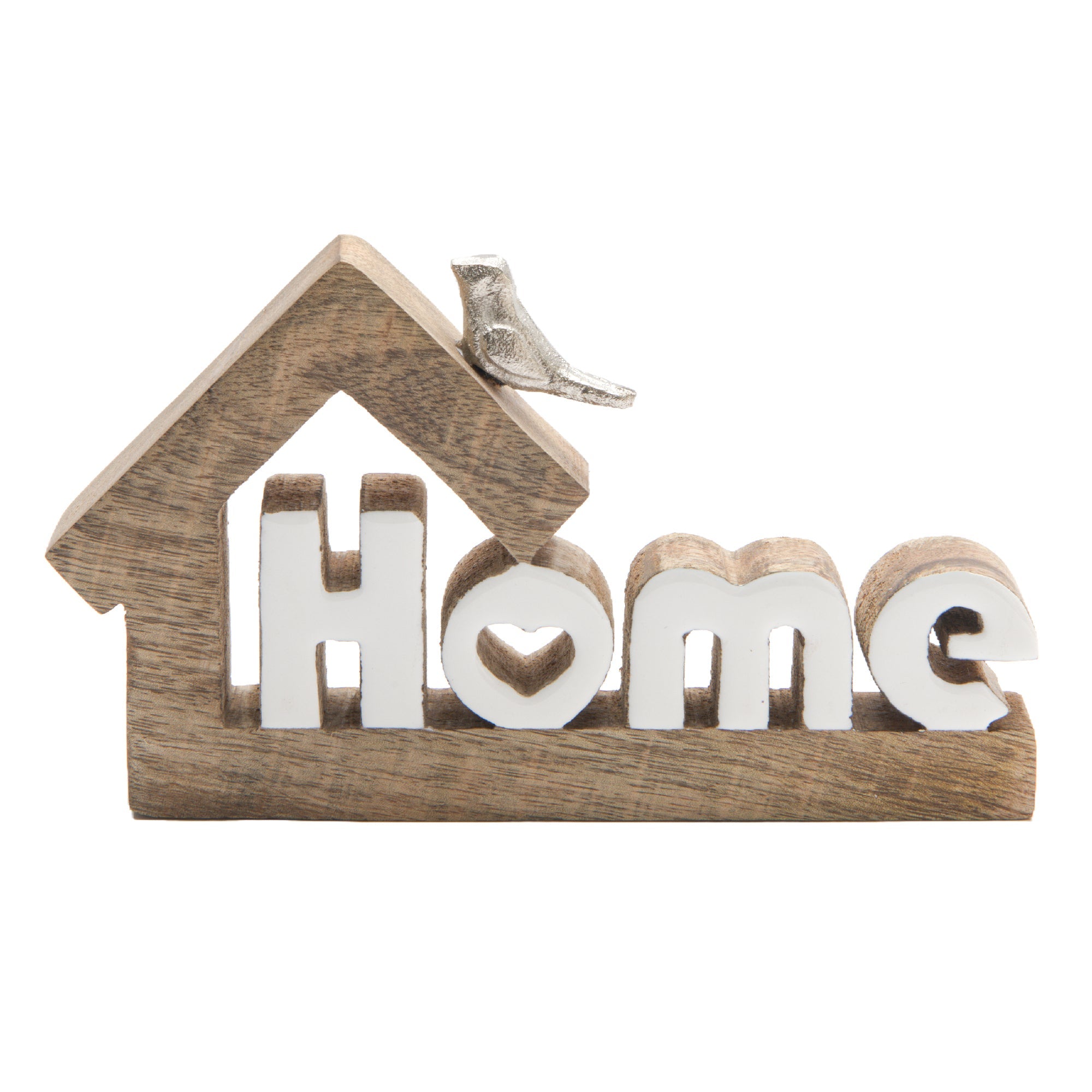 Mango Wood Decor with Metal Bird Accent and Enamel “Home” Sign - Set of 2
