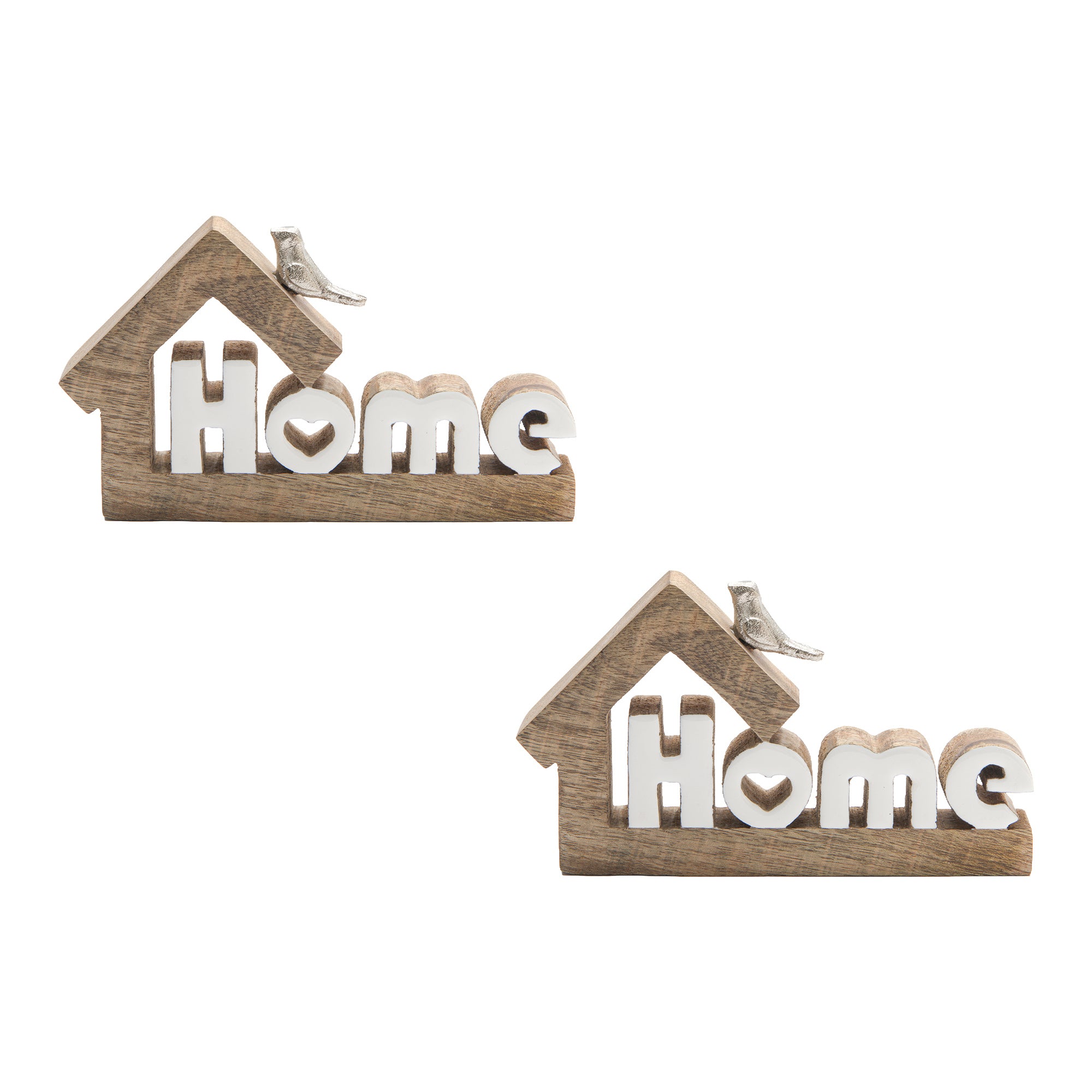 Mango Wood Decor with Metal Bird Accent and Enamel “Home” Sign - Set of 2