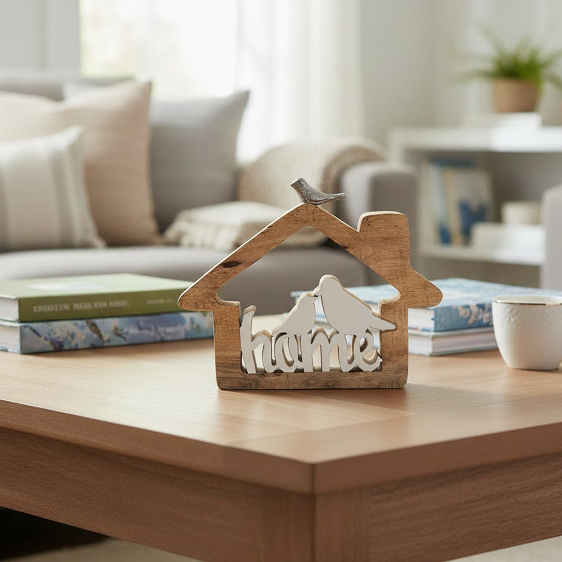 Mango Wood Decor with Enamel-Coated Bird and “Home” Sign