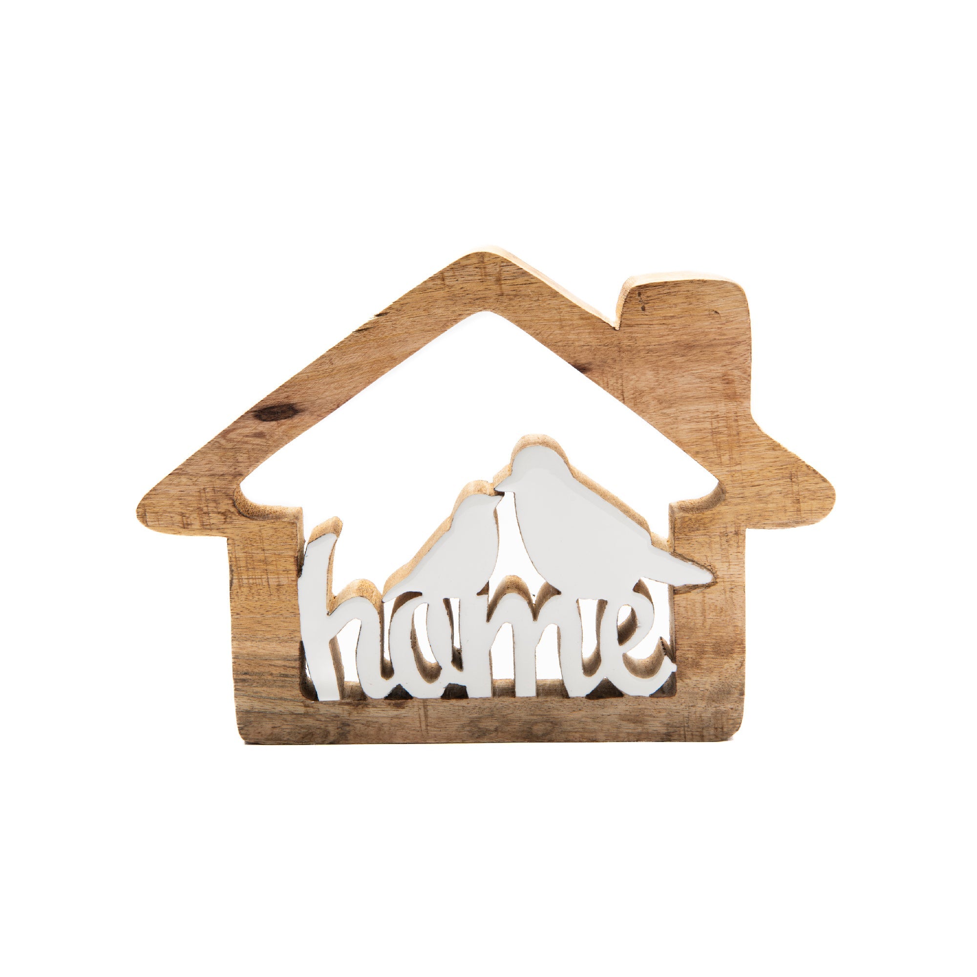 Mango Wood Decor with Enamel-Coated Bird and “Home” Sign