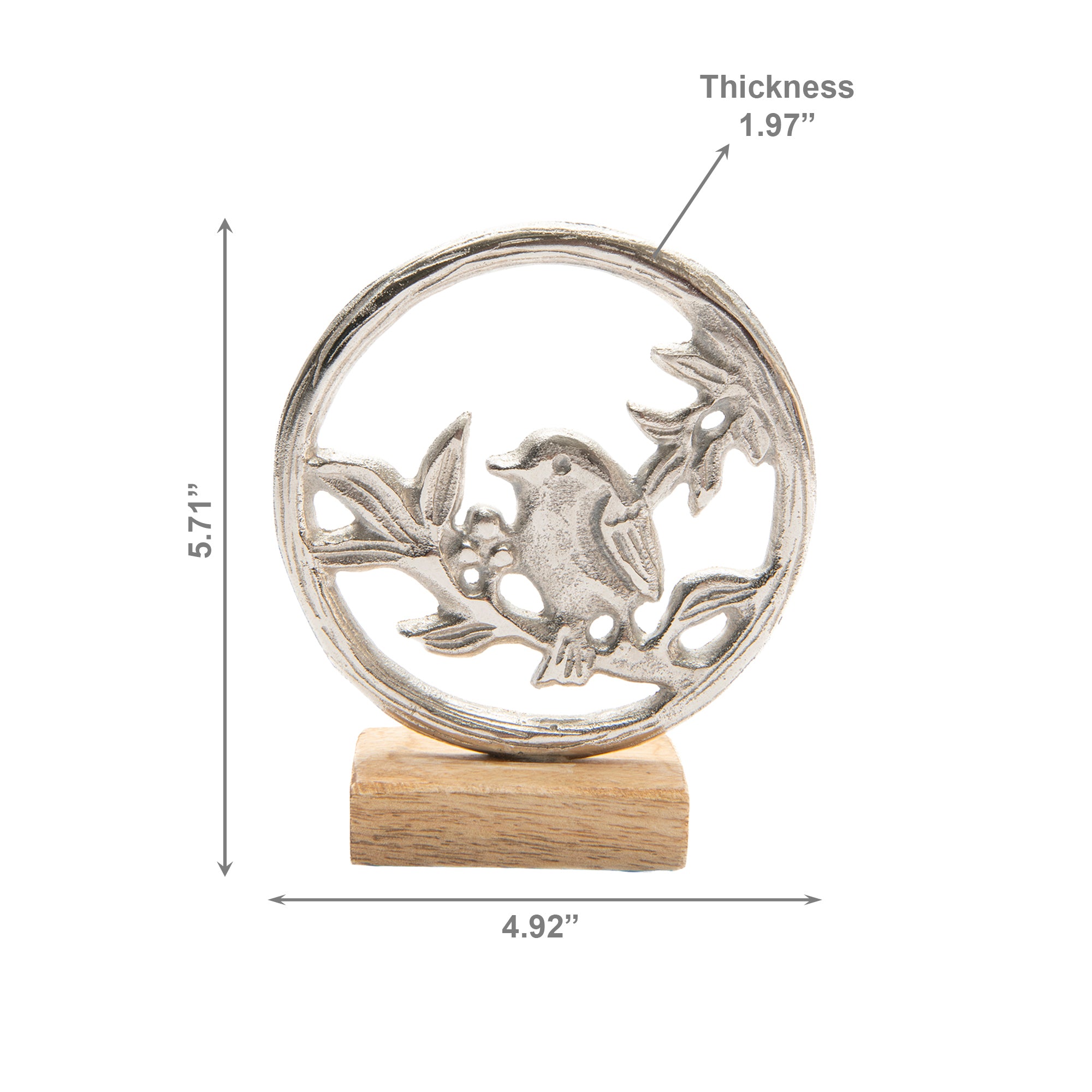 Decorative Metal Bird in Circular Frame with Natural Wooden Base Accent - Set of 2