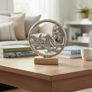 Decorative Metal Bird in Circular Frame with Natural Wooden Base Accent - Set of 2