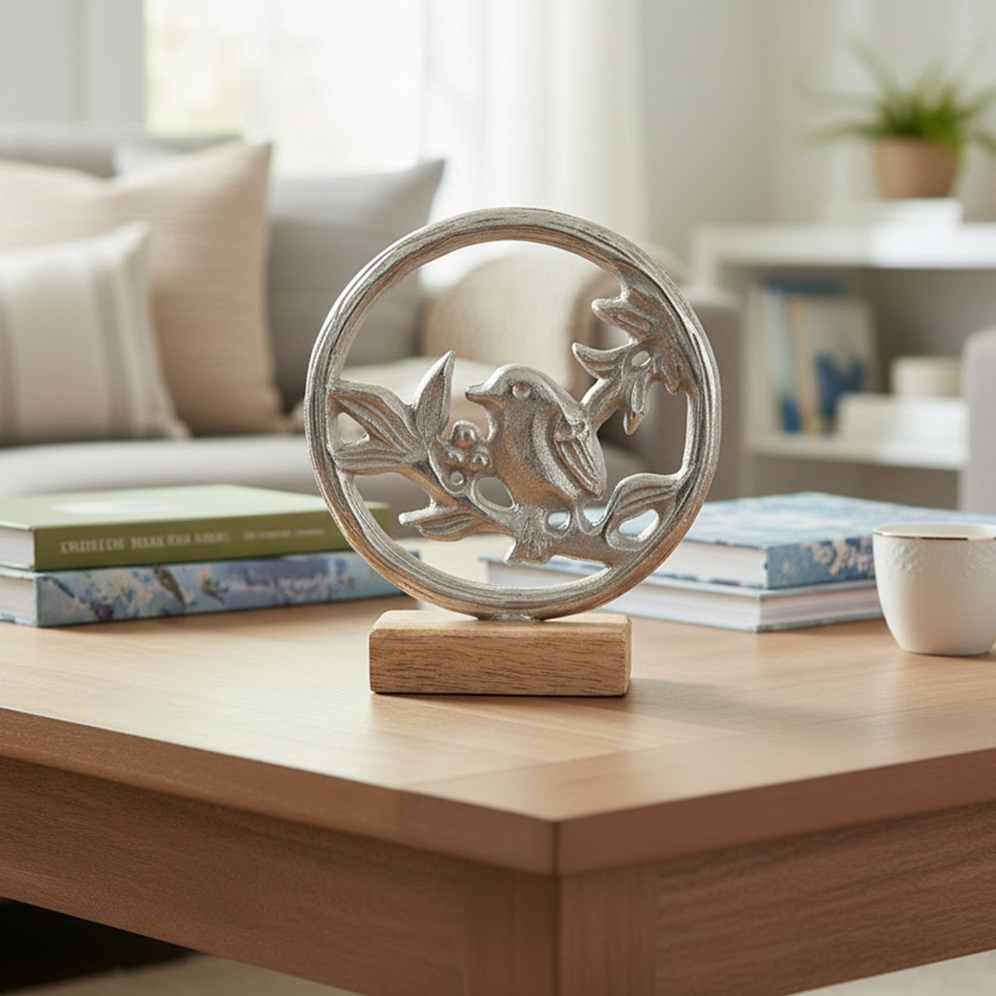 Decorative Metal Bird in Circular Frame with Natural Wooden Base Accent - Set of 2