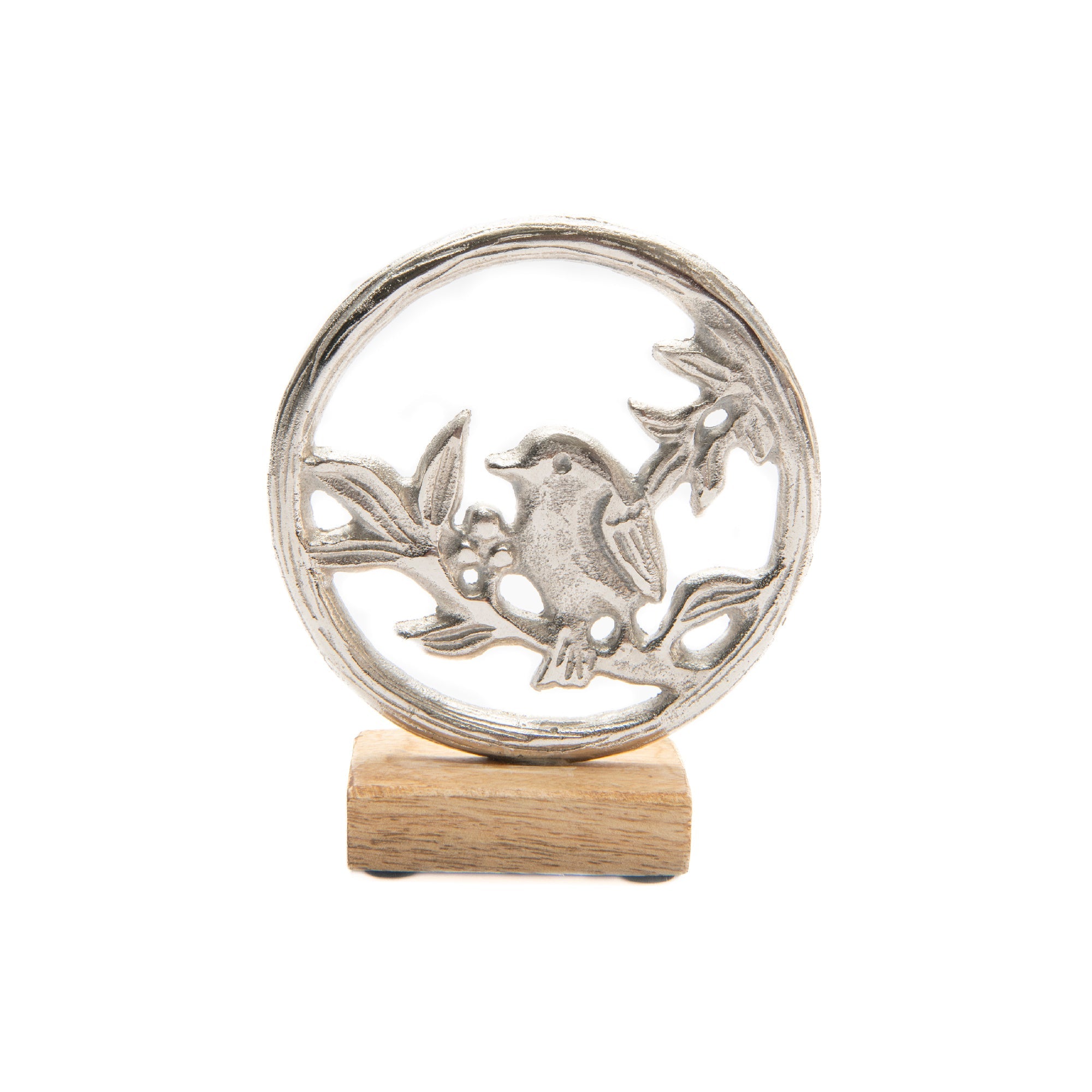 Decorative Metal Bird in Circular Frame with Natural Wooden Base Accent - Set of 2
