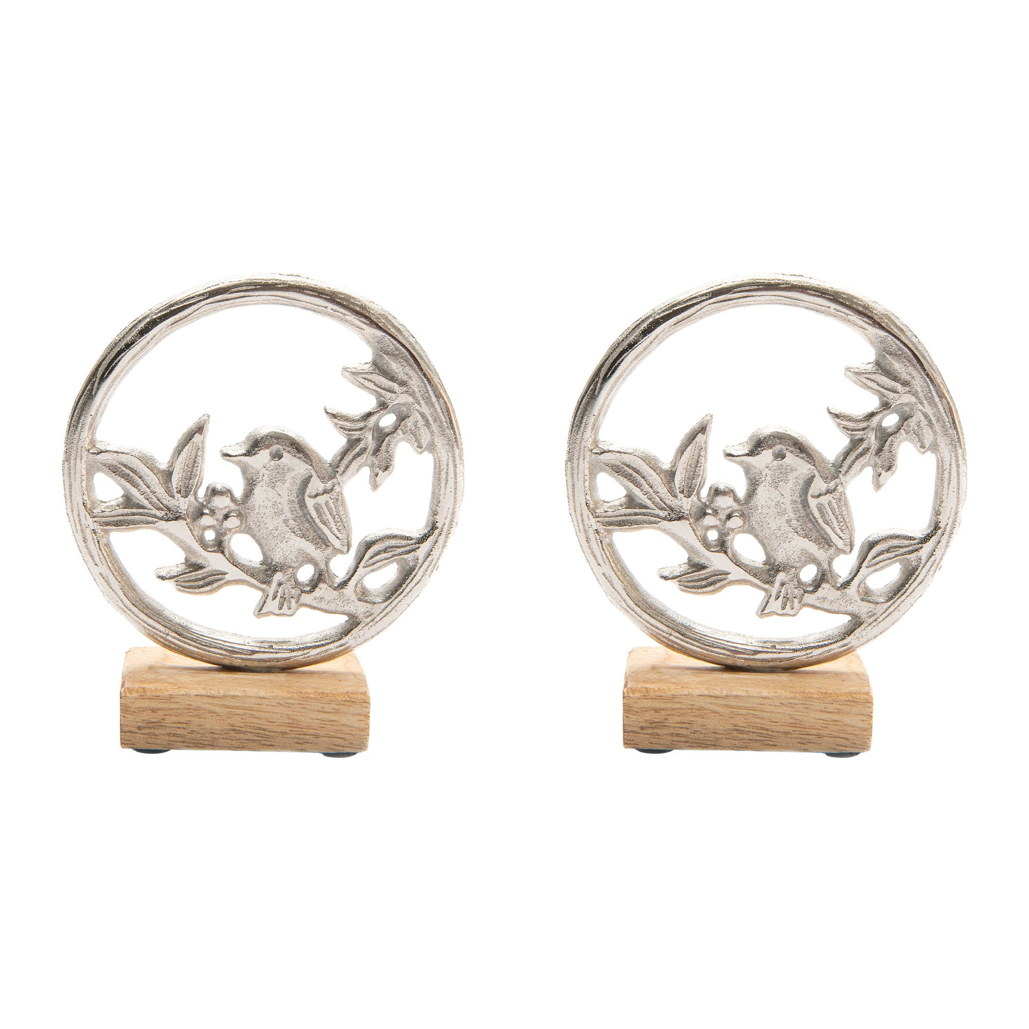Decorative Metal Bird in Circular Frame with Natural Wooden Base Accent - Set of 2