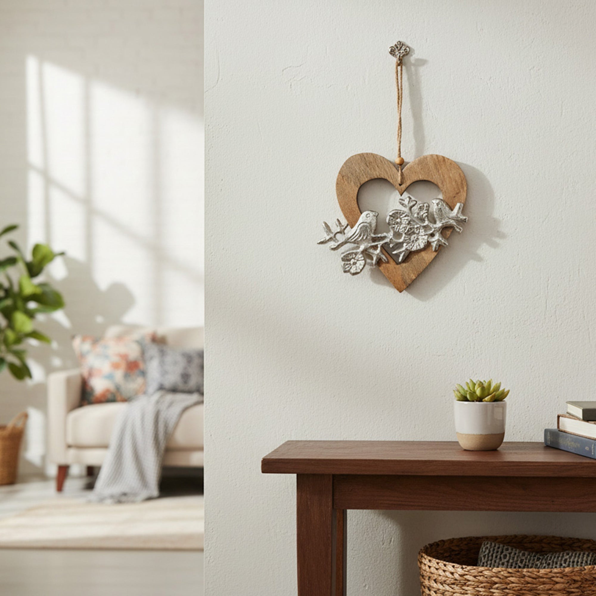 Rustic Hanging Metal Bird in Heart-Shaped Wooden Frame Wall Art - Set of 2