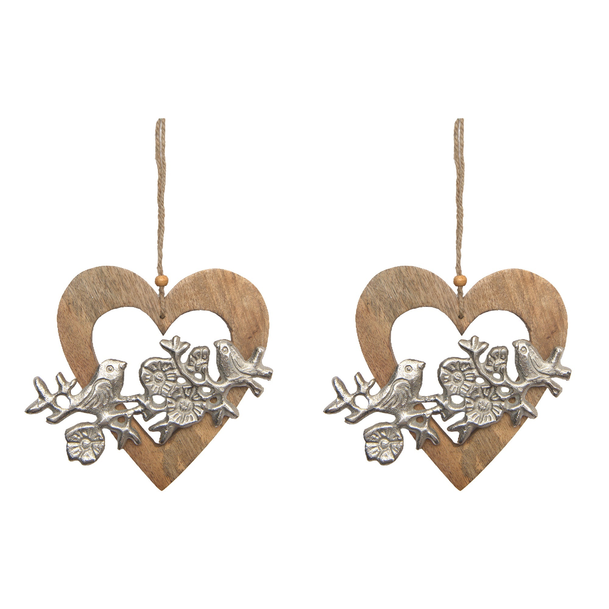 Rustic Hanging Metal Bird in Heart-Shaped Wooden Frame Wall Art - Set of 2