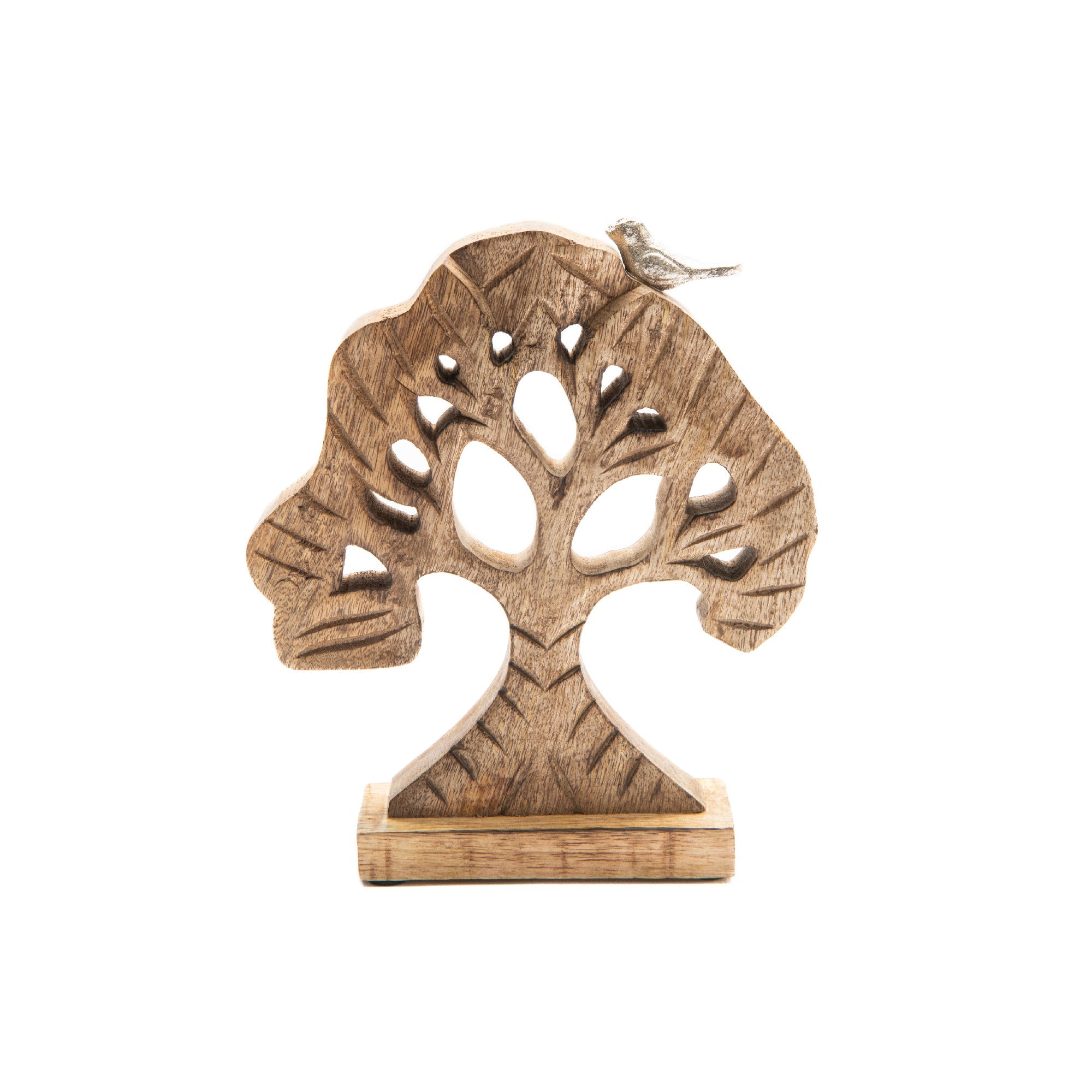 Mango Wood Carved Tree Décor Featuring Bird Accent - Set of 2