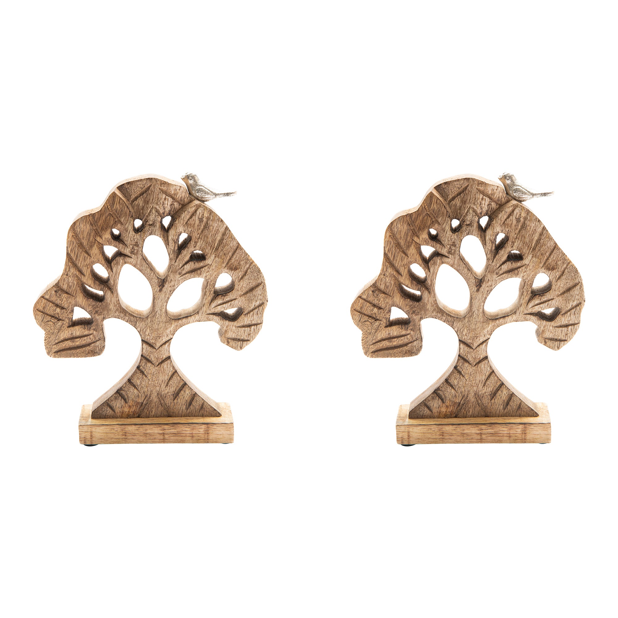 Mango Wood Carved Tree Décor Featuring Bird Accent - Set of 2