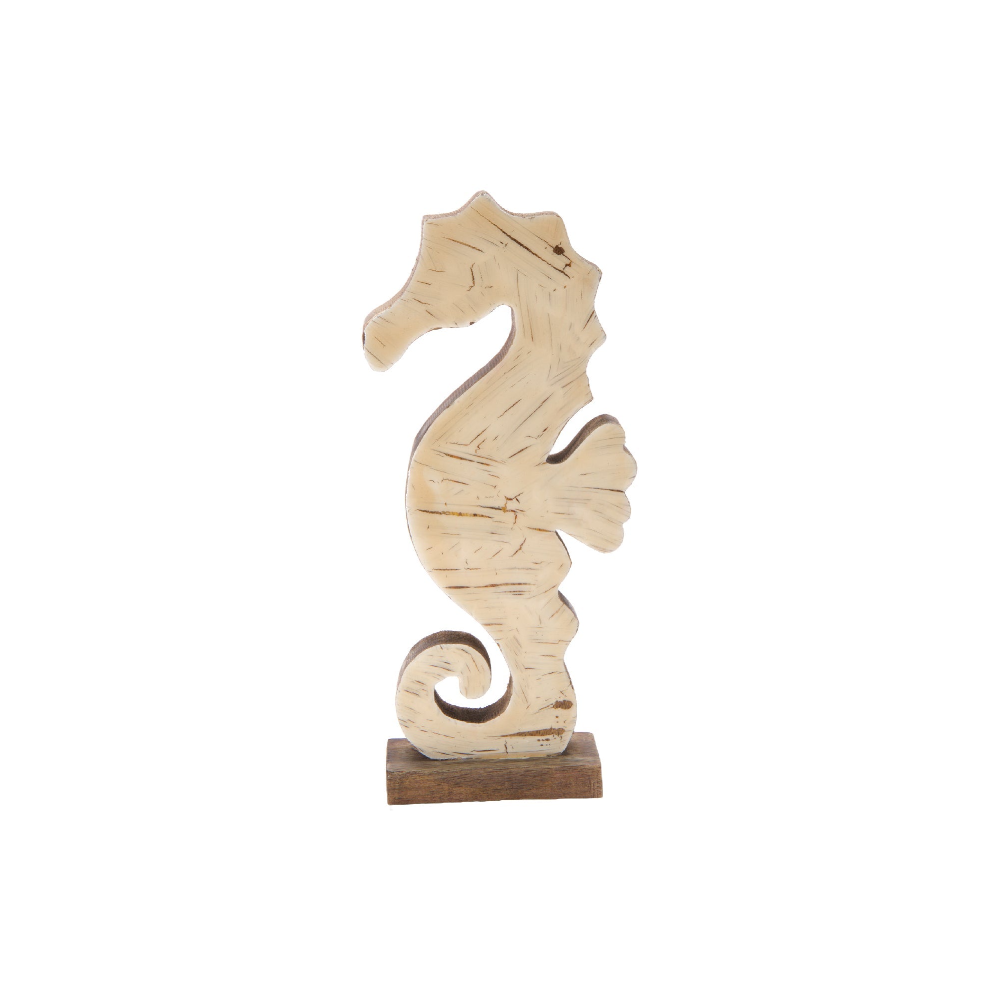 White Enamel-Coated Mango Wood Seahorse Figurine for Coastal Décor - Set of 2