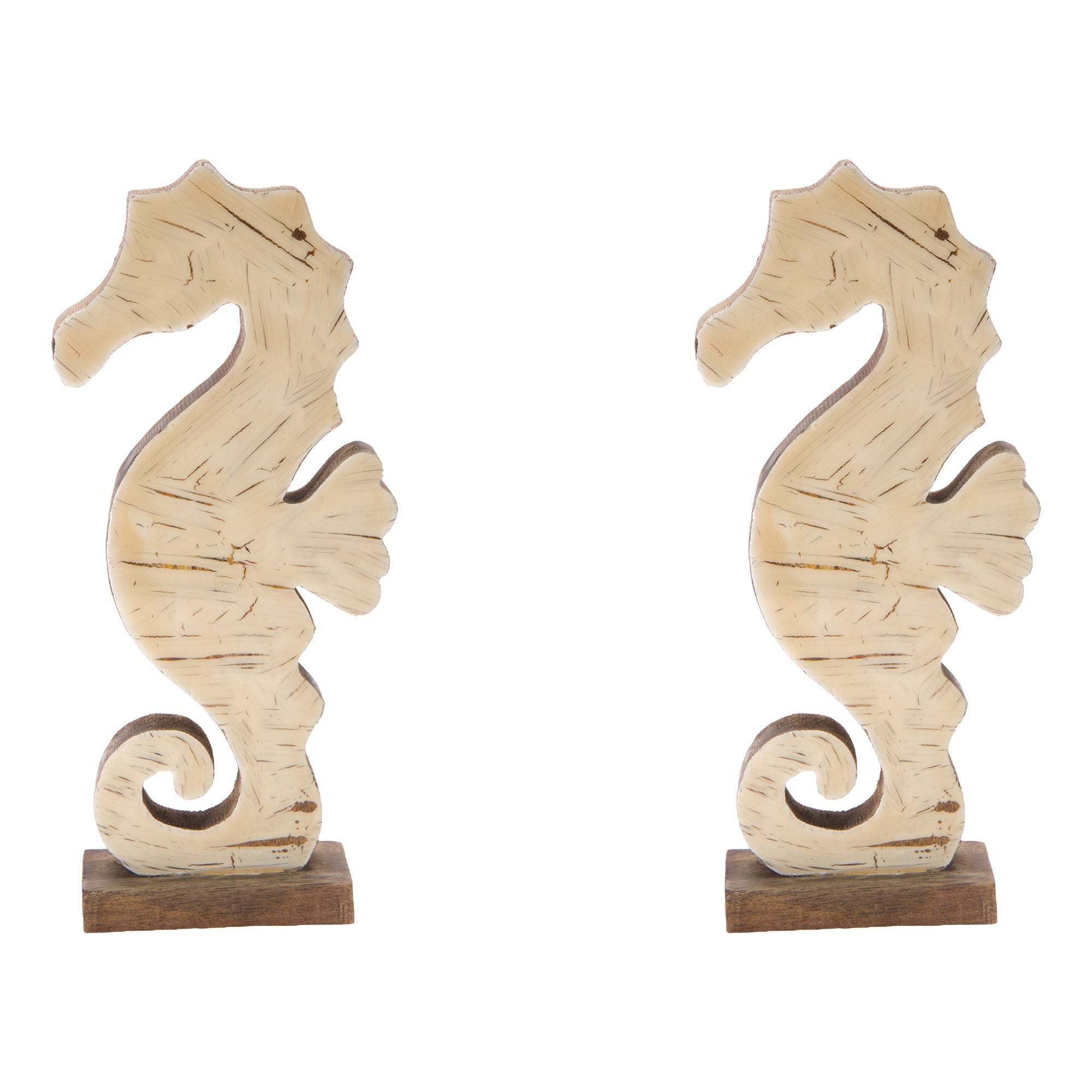 White Enamel-Coated Mango Wood Seahorse Figurine for Coastal Décor - Set of 2