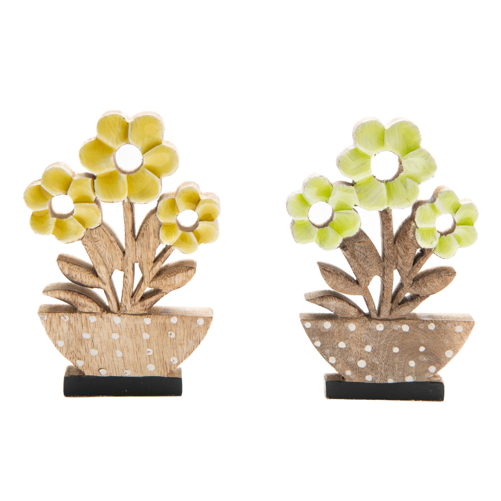 Assorted Mango Wood Enamel-Coated Daisy Flowers in Decorative Vase - Set of 2