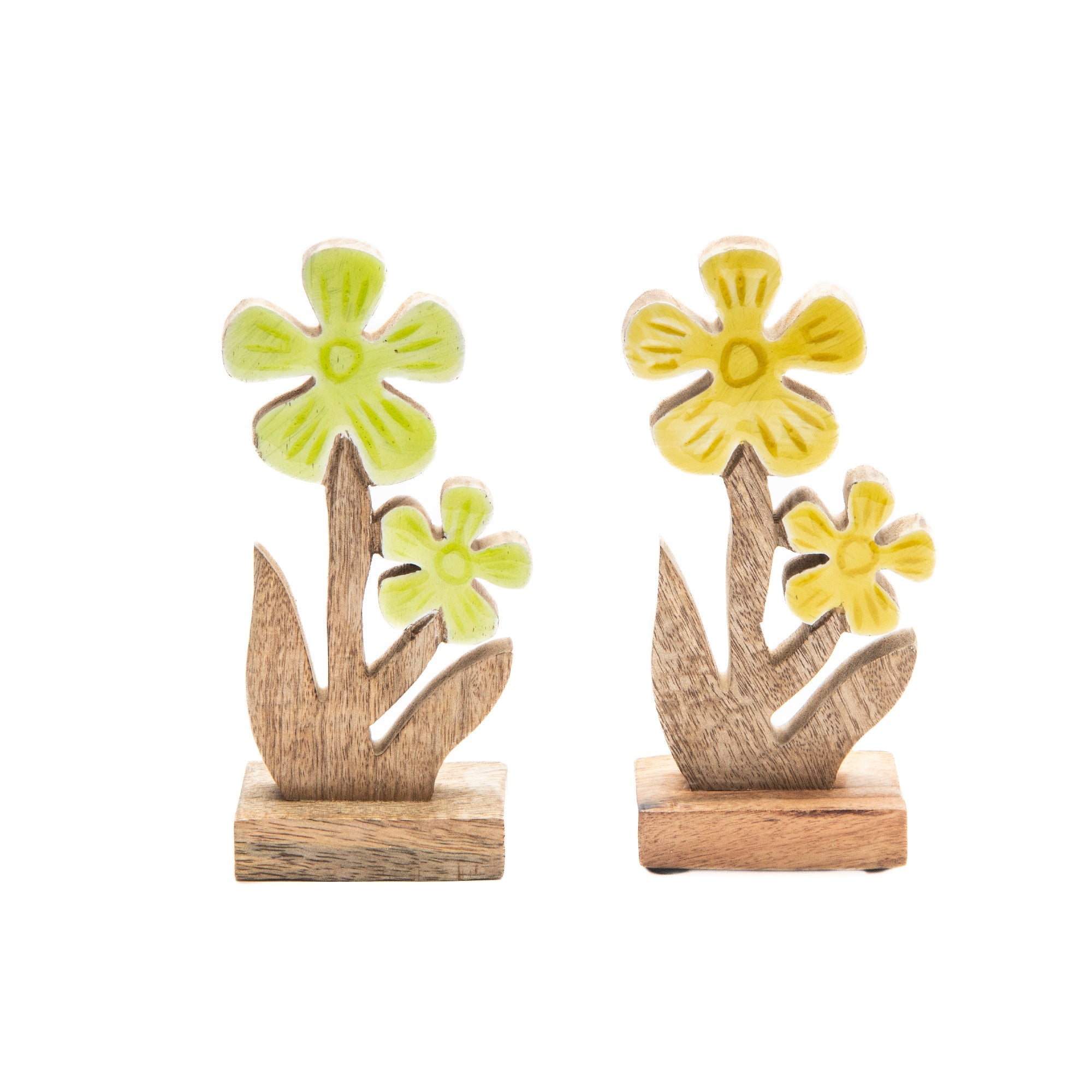 Assorted Mango Wood Enamel-Coated Flower Figurines for Shelf Décor - Set of 2