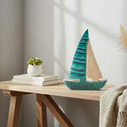 Enamel-Coated Mango Wood Sailboat Accent for Coastal Style - Set of 2