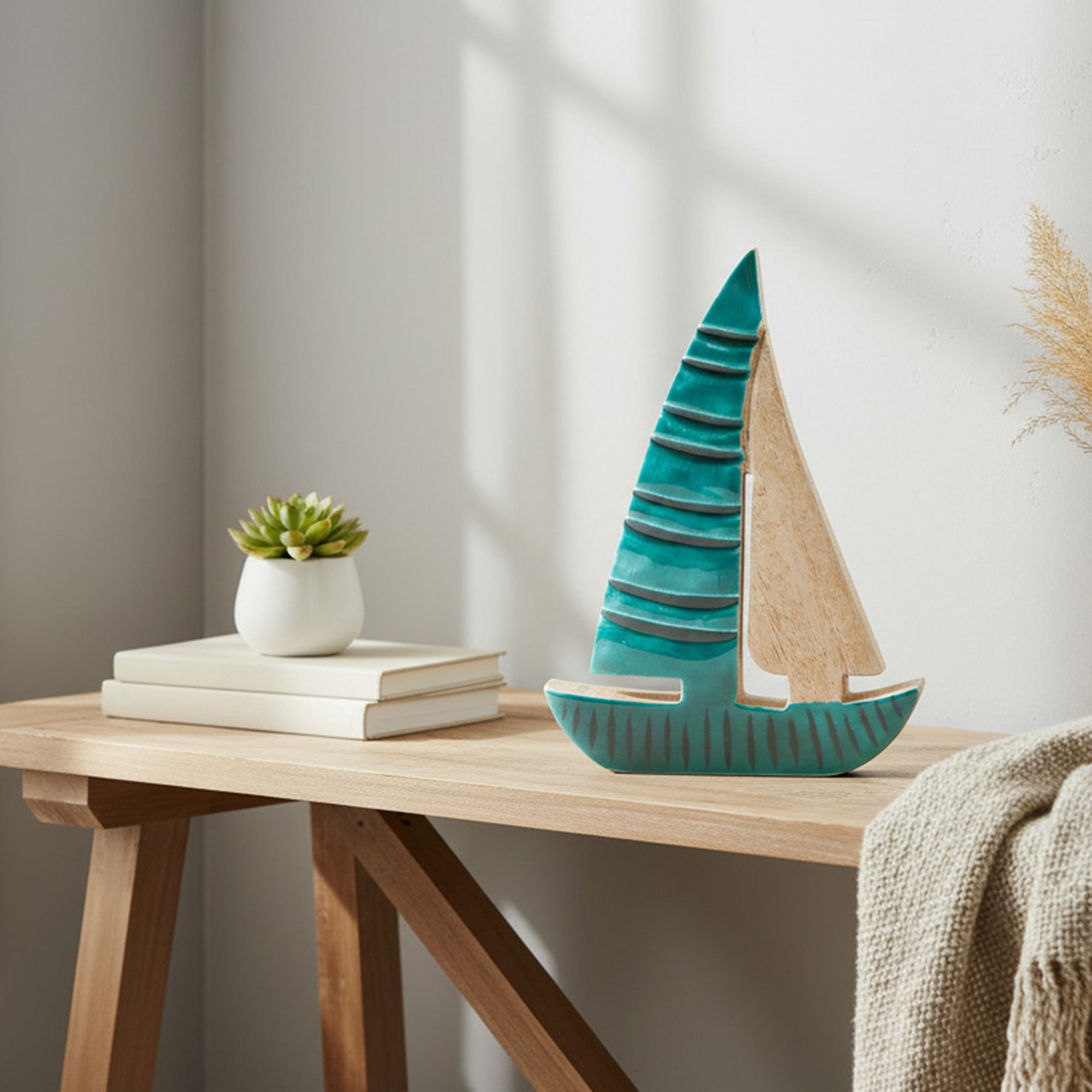 Enamel-Coated Mango Wood Sailboat Accent for Coastal Style - Set of 2