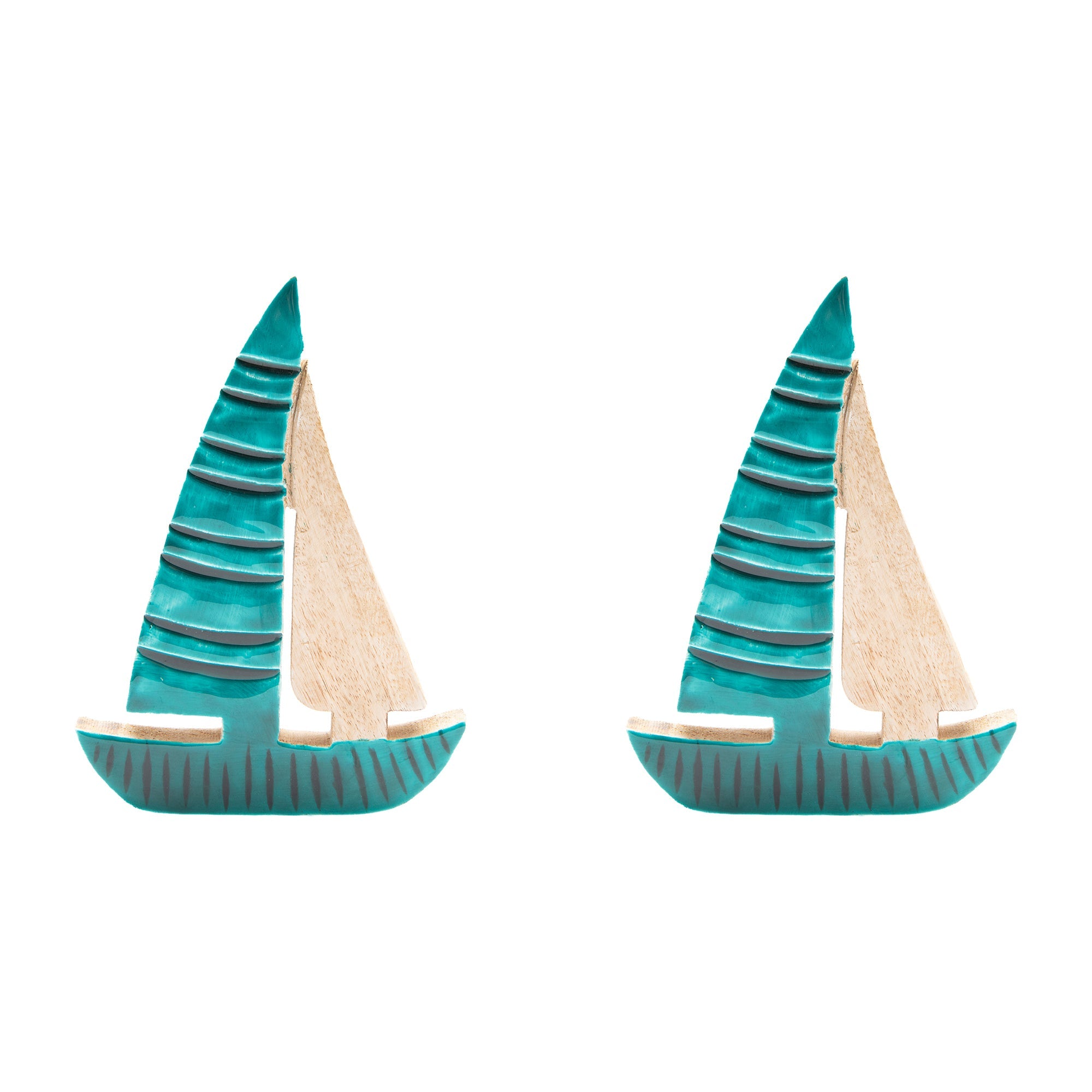Enamel-Coated Mango Wood Sailboat Accent for Coastal Style - Set of 2