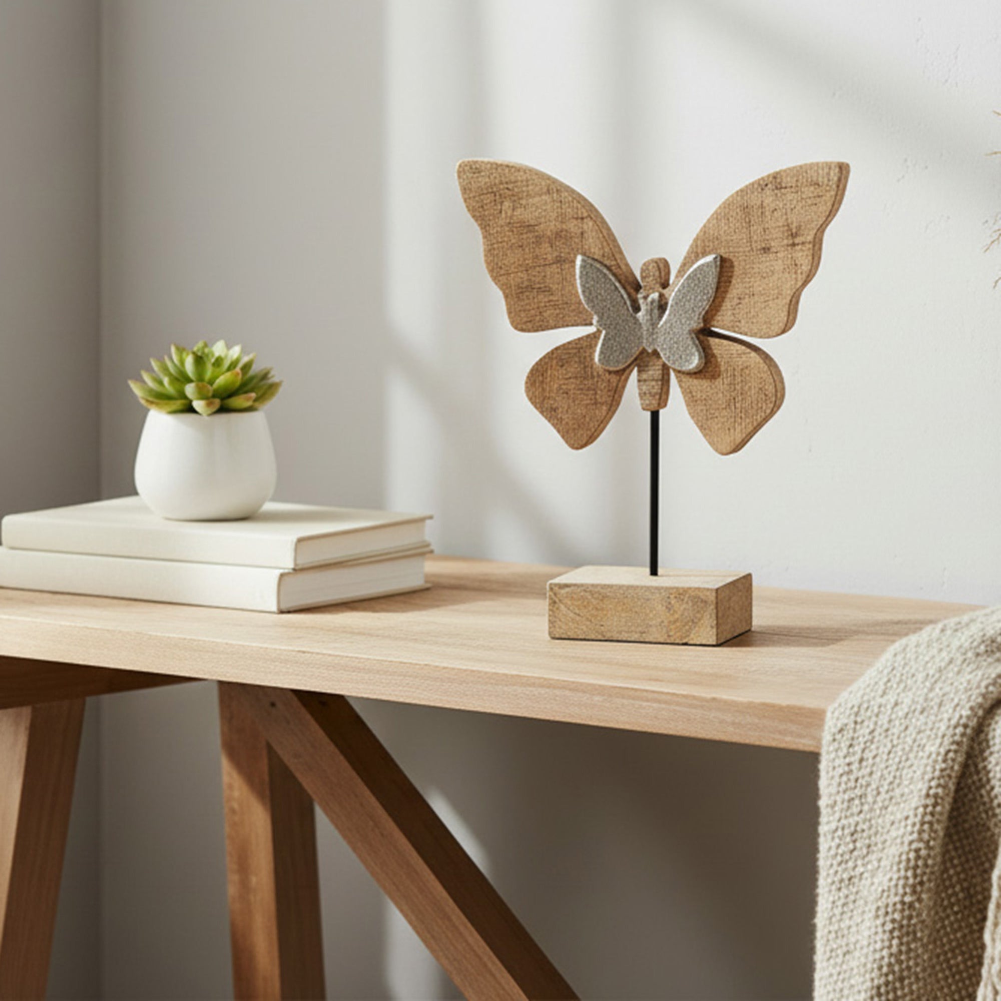 Mango Wood Décor with Metal Butterfly Accent for Elegant Display - Set of 2
