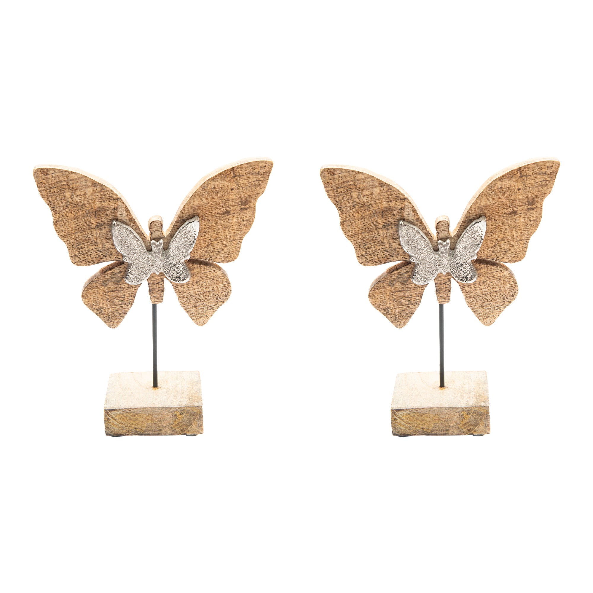 Mango Wood Décor with Metal Butterfly Accent for Elegant Display - Set of 2