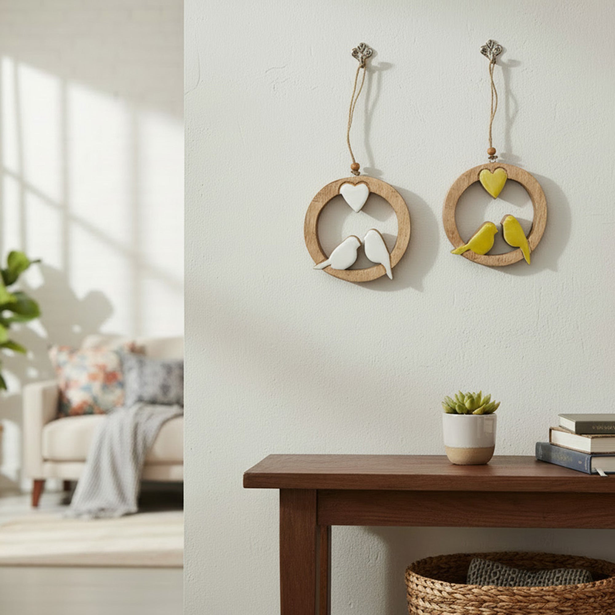 Assorted Mango Wood Round Frame Wall Hanging Décor Featuring Birds - Set of 2